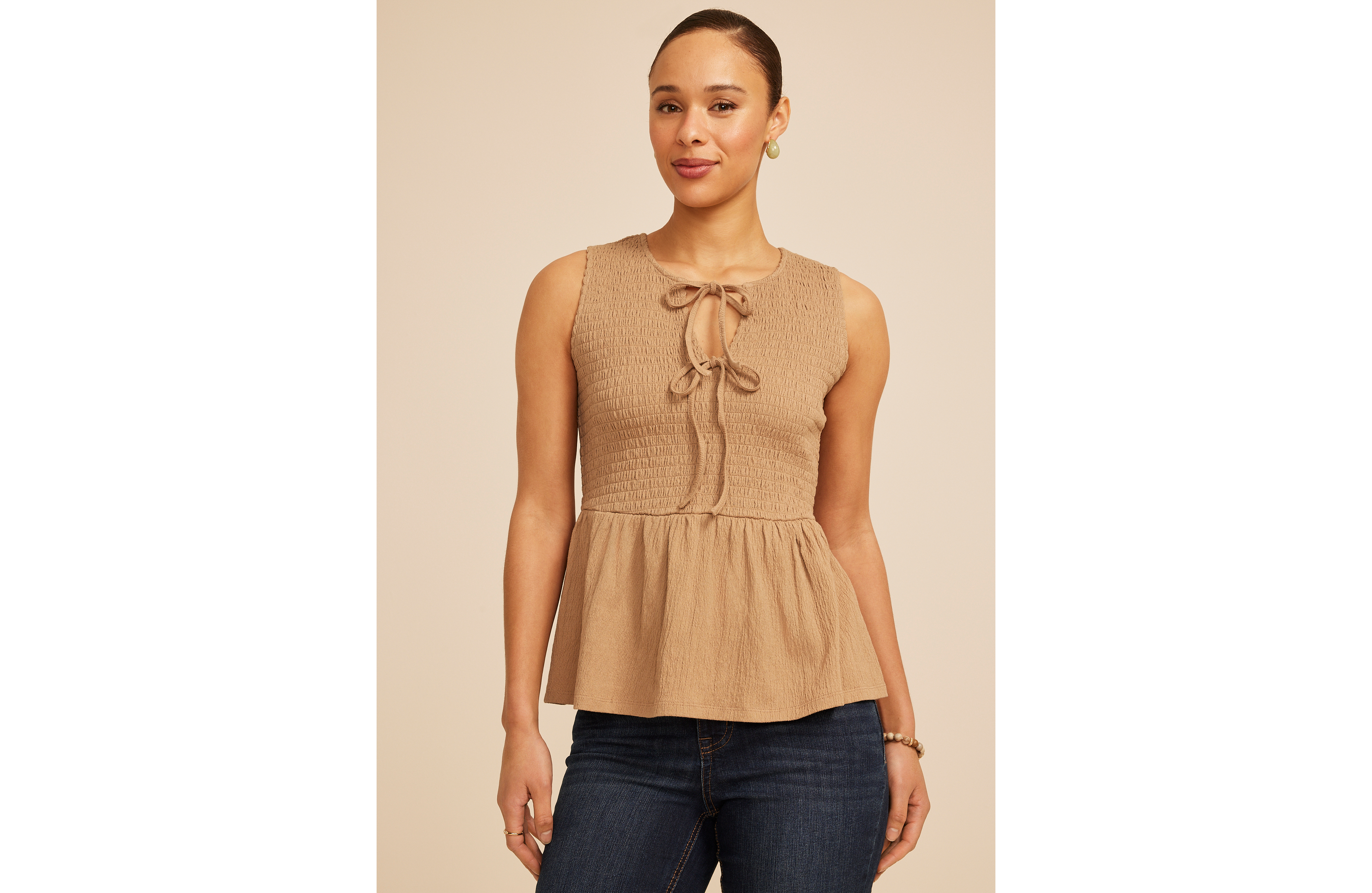 Smocked Tie Front Peplum Tank Top