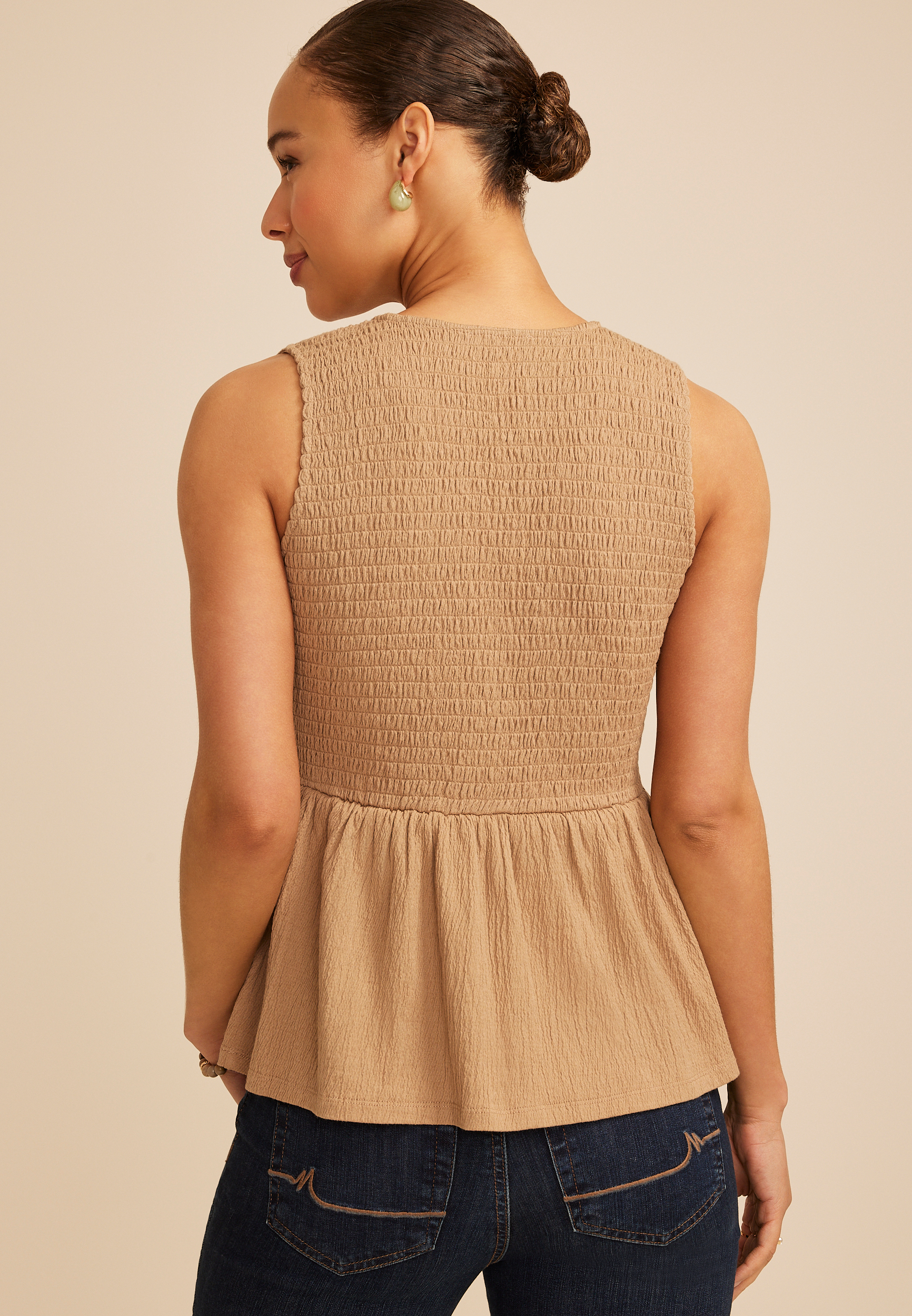 Smocked Tie Front Peplum Tank Top, AMPHORA, large