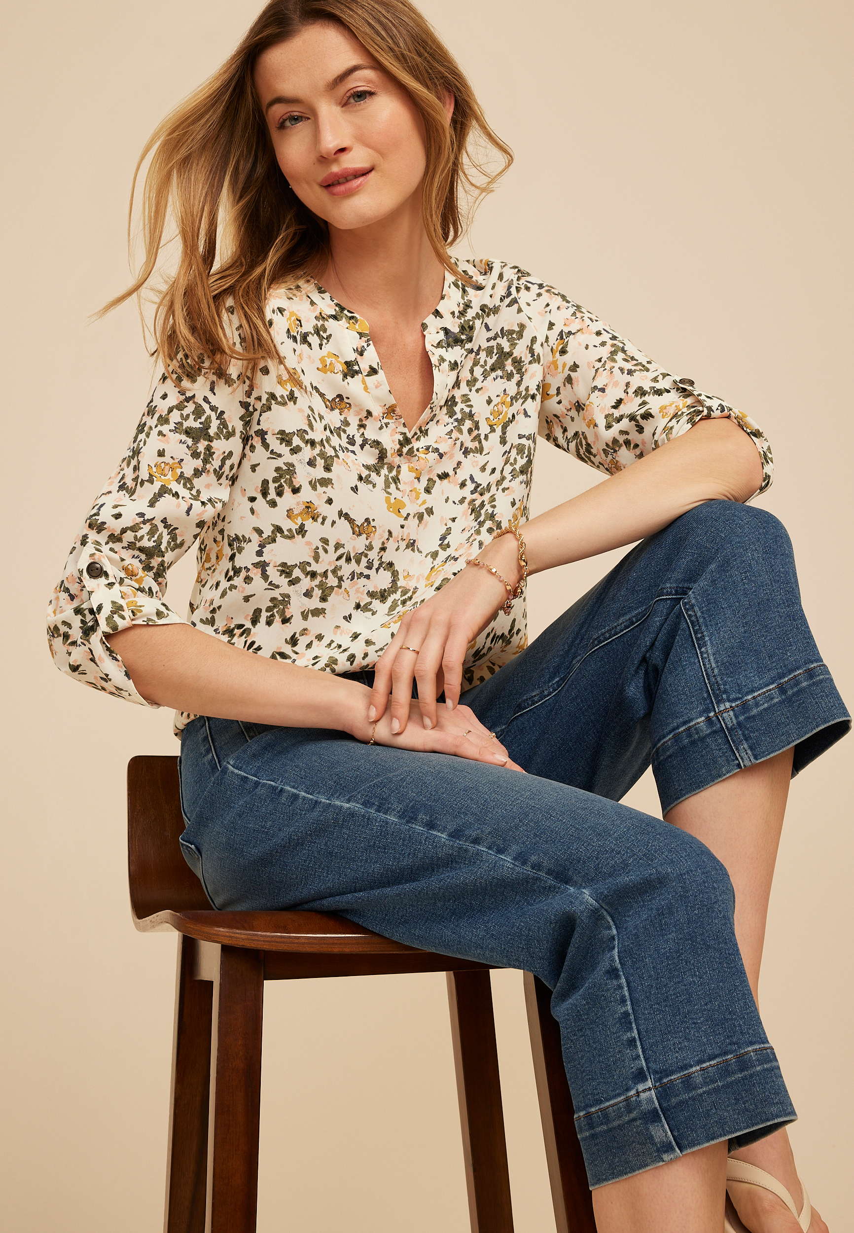 Atwood Abstract Print 3/4 Sleeve Popover Blouse