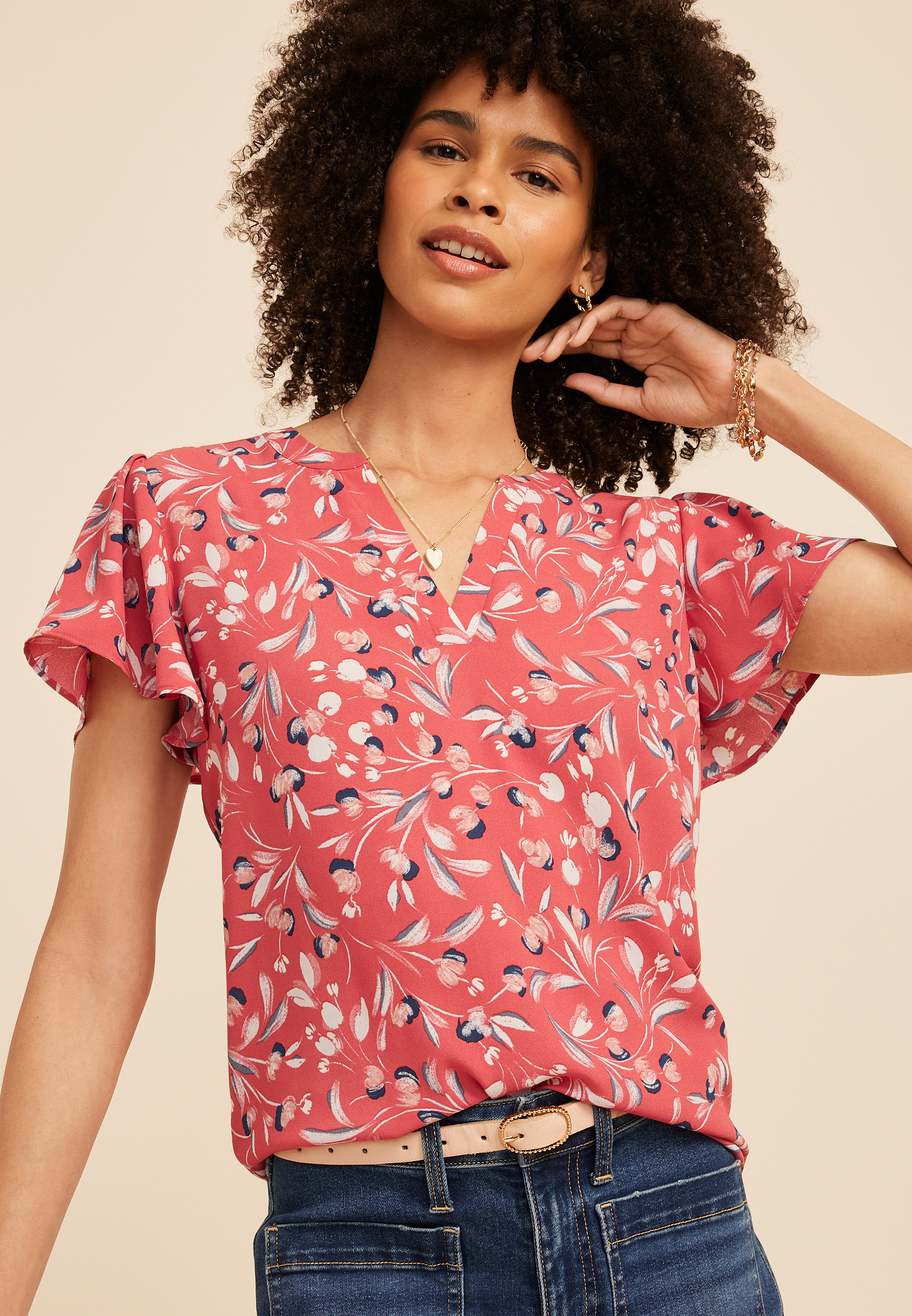 Atwood Americana Floral Flutter Sleeve Blouse