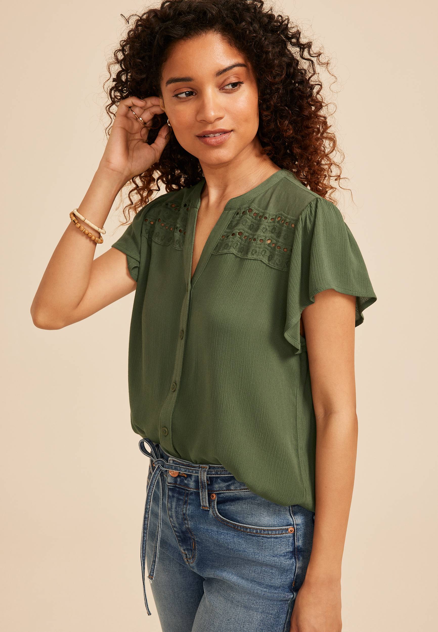 Eyelet Yoke Flutter Sleeve Notch Neck Blouse