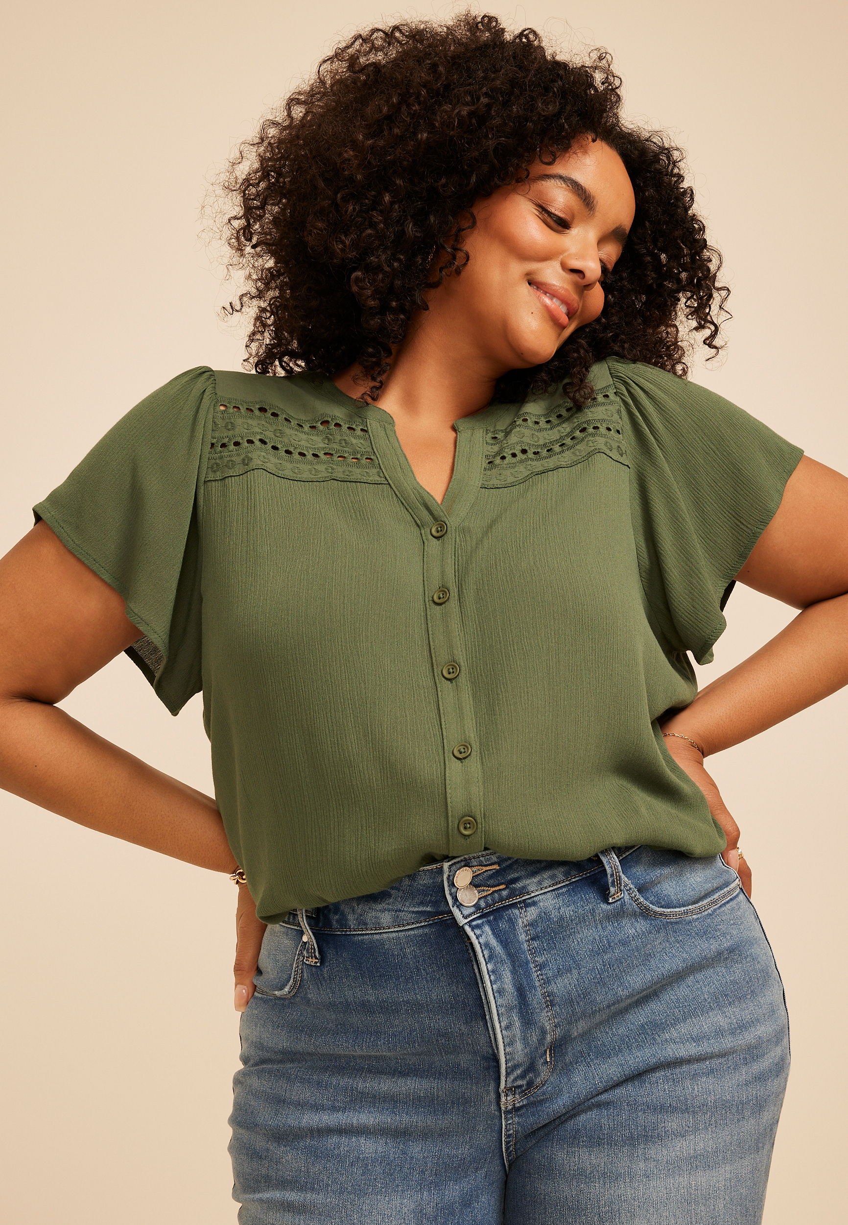 Plus Size Eyelet Yoke Flutter Sleeve Notch Neck Blouse