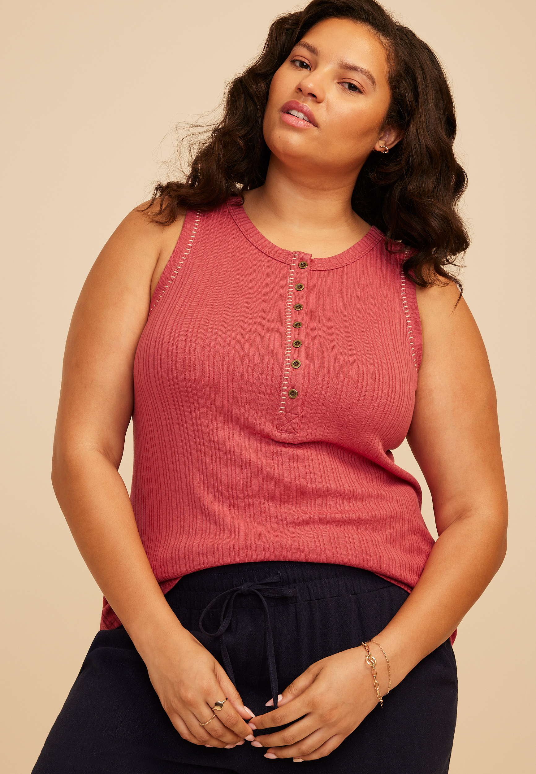 Plus Size Whipstitch Henley Tank Top - thumbnail 9