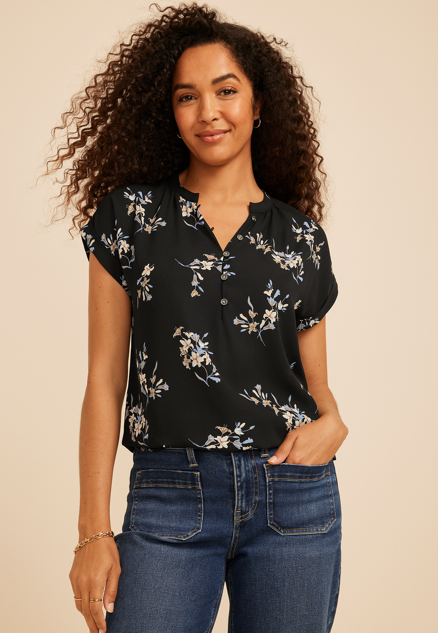 Delton Floral Henley Blouse