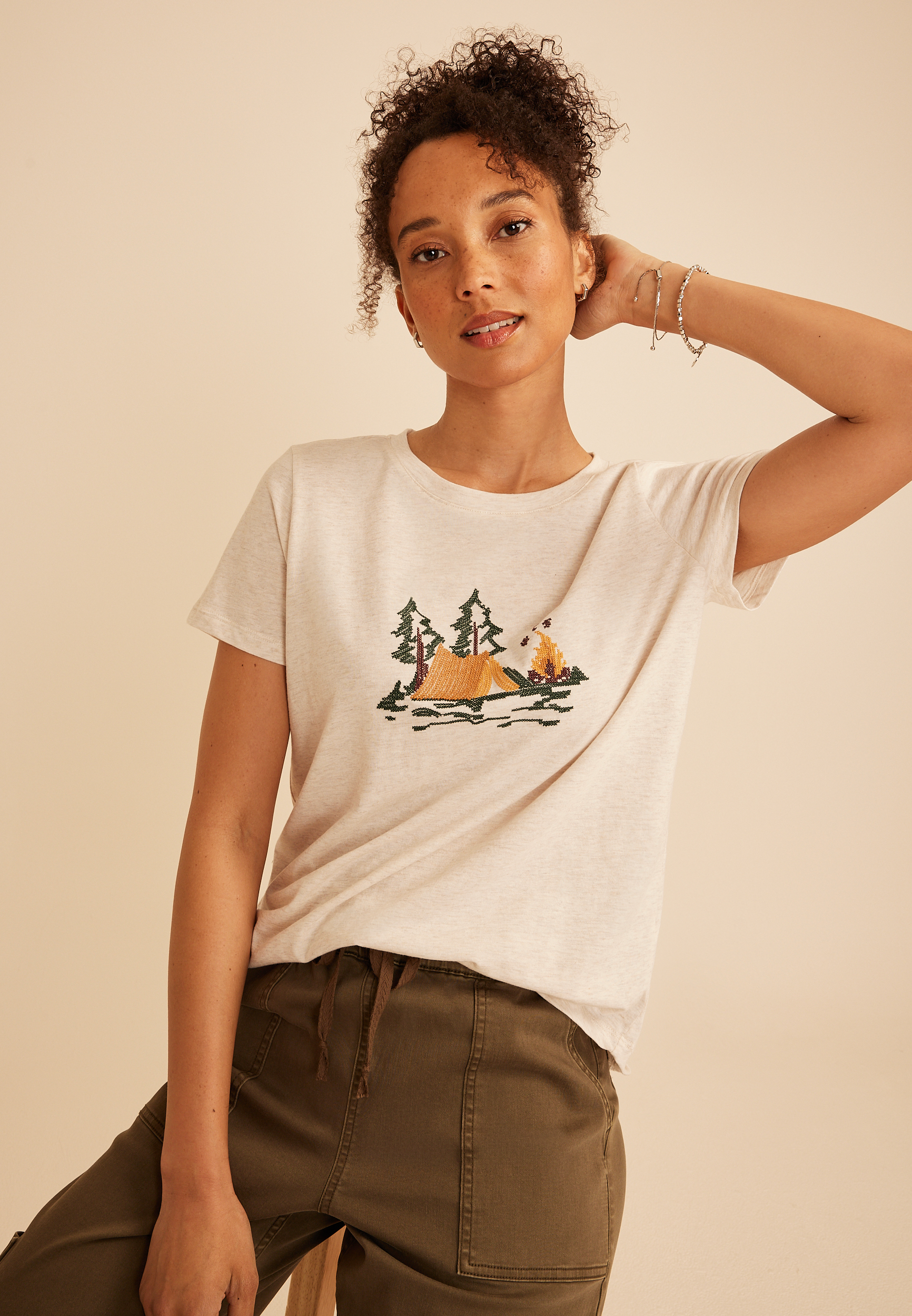 Embroidered Camp Scene Classic Fit Graphic Tee