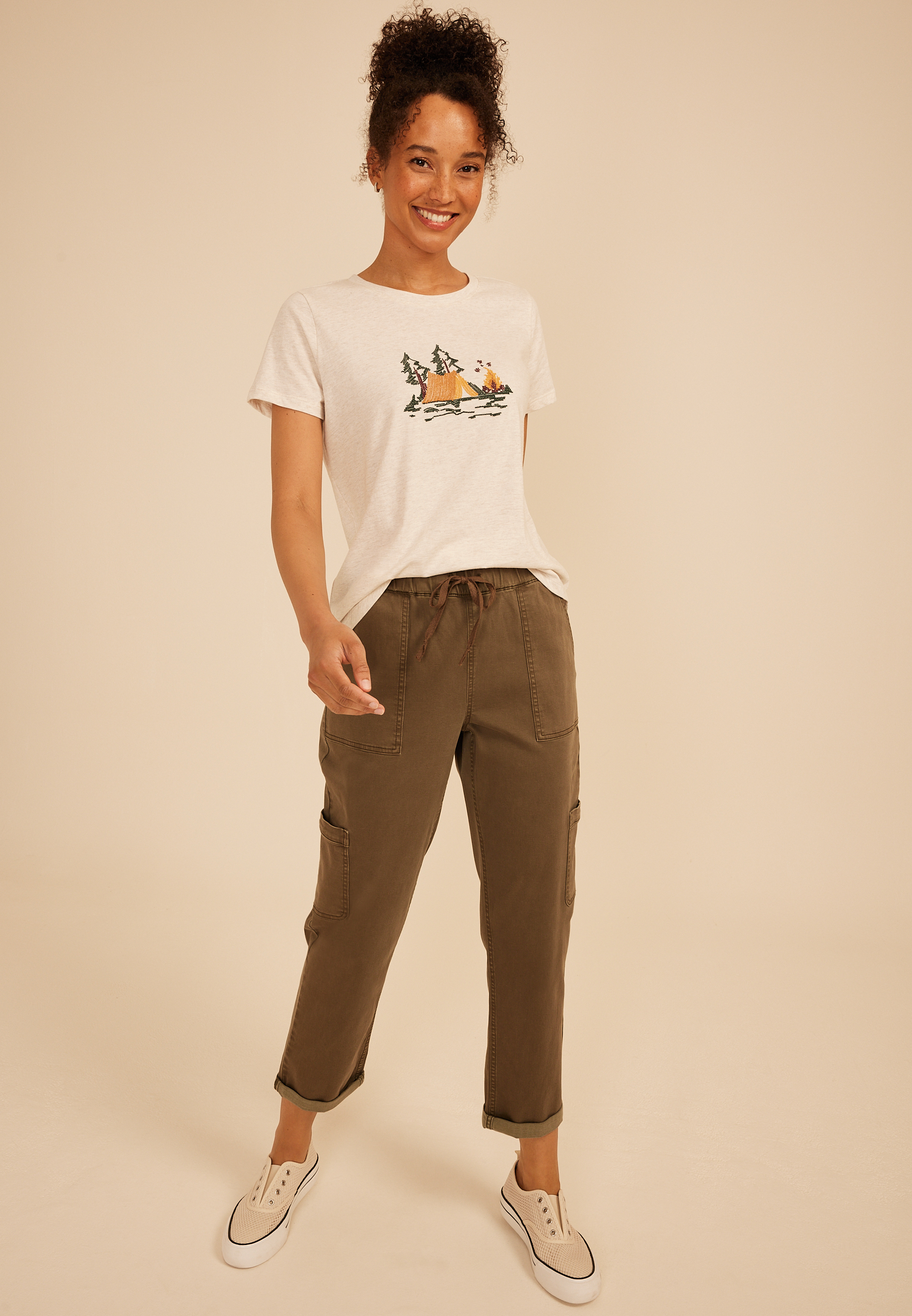 Embroidered Camp Scene Classic Fit Graphic Tee, C2445, large