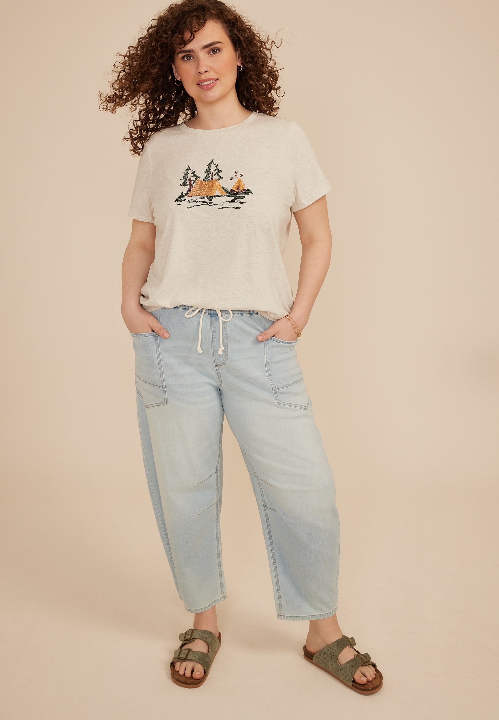 Plus Size Embroidered Camp Scene Classic Fit Graphic Tee, C2445, large