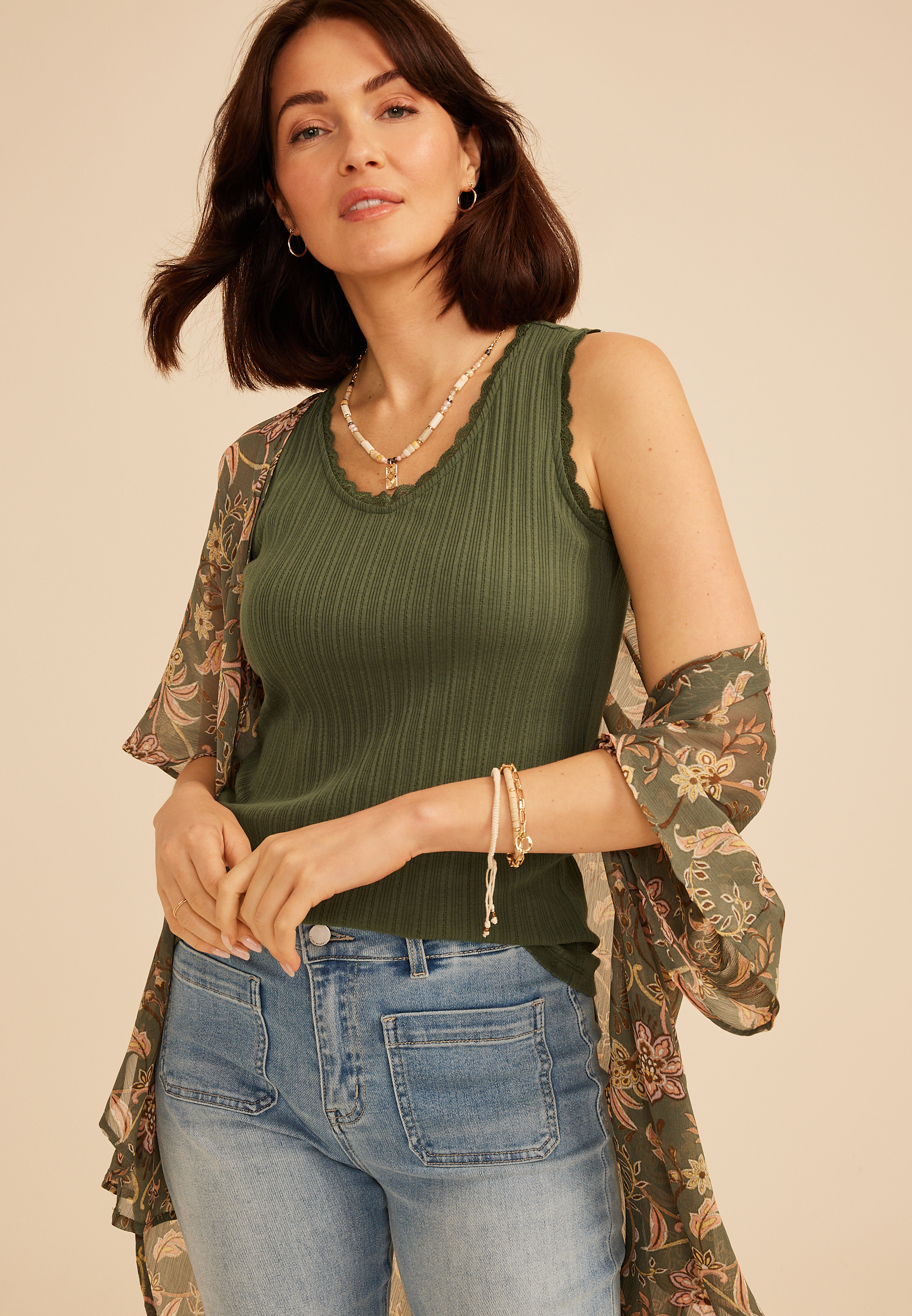 Pointelle Lace Trim Tank Top