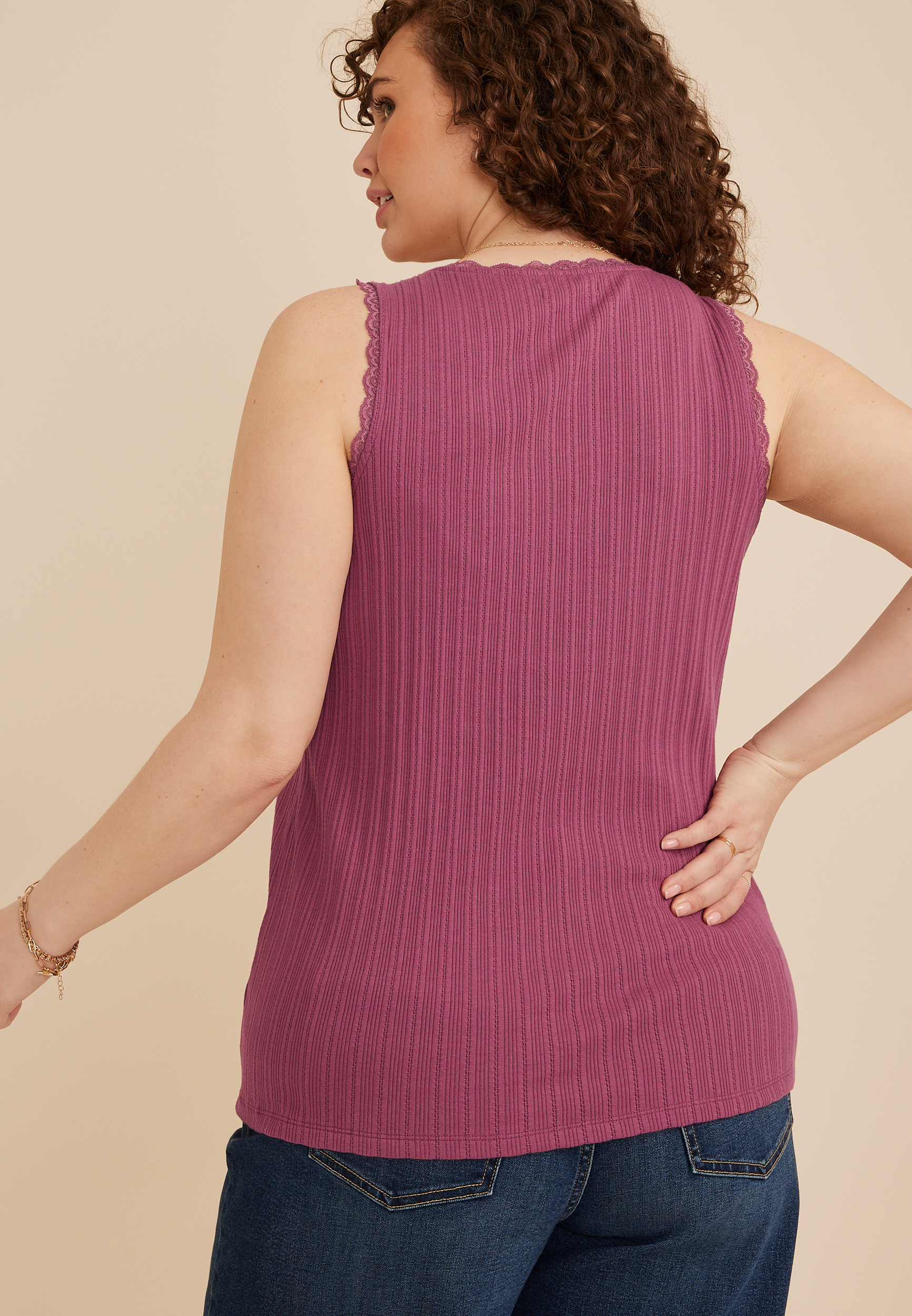 Plus Size Pointelle Lace Trim Tank Top, C4867, large