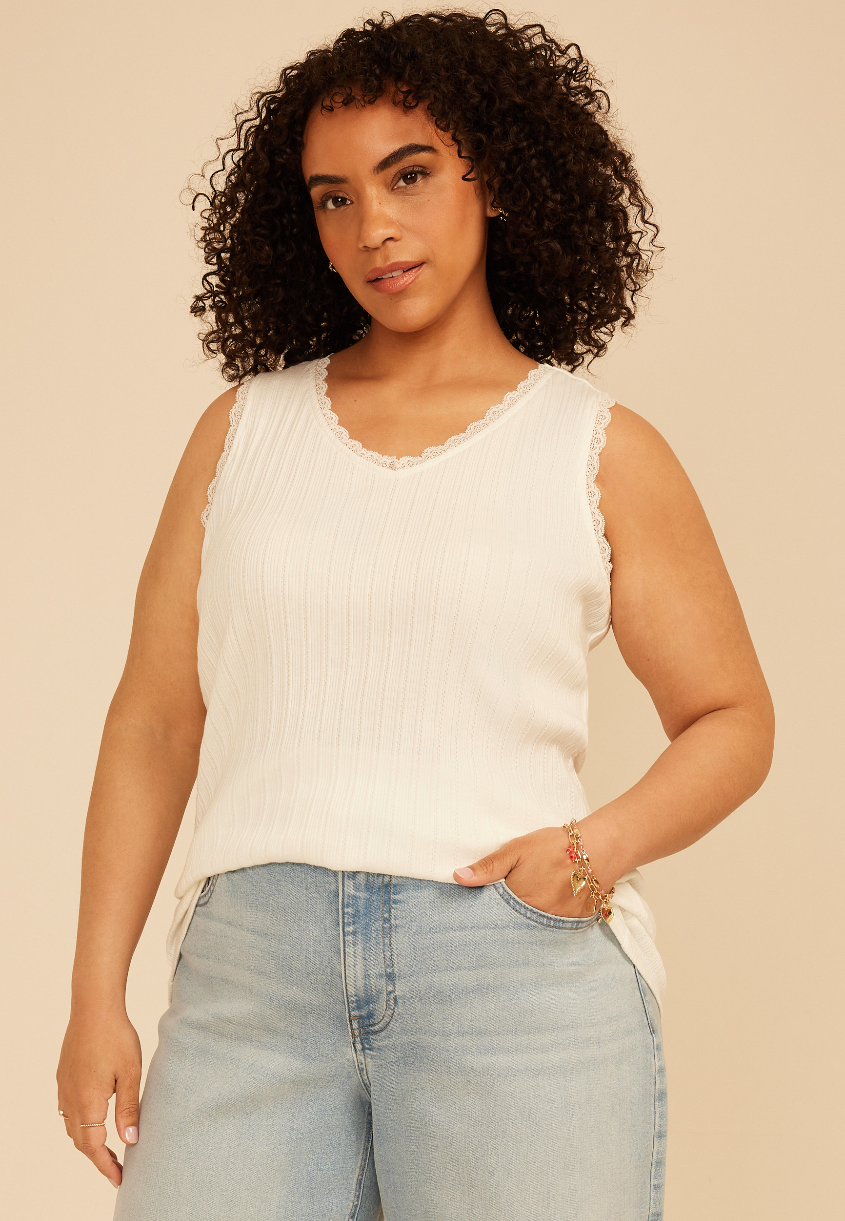 Plus Size Pointelle Lace Trim Tank Top