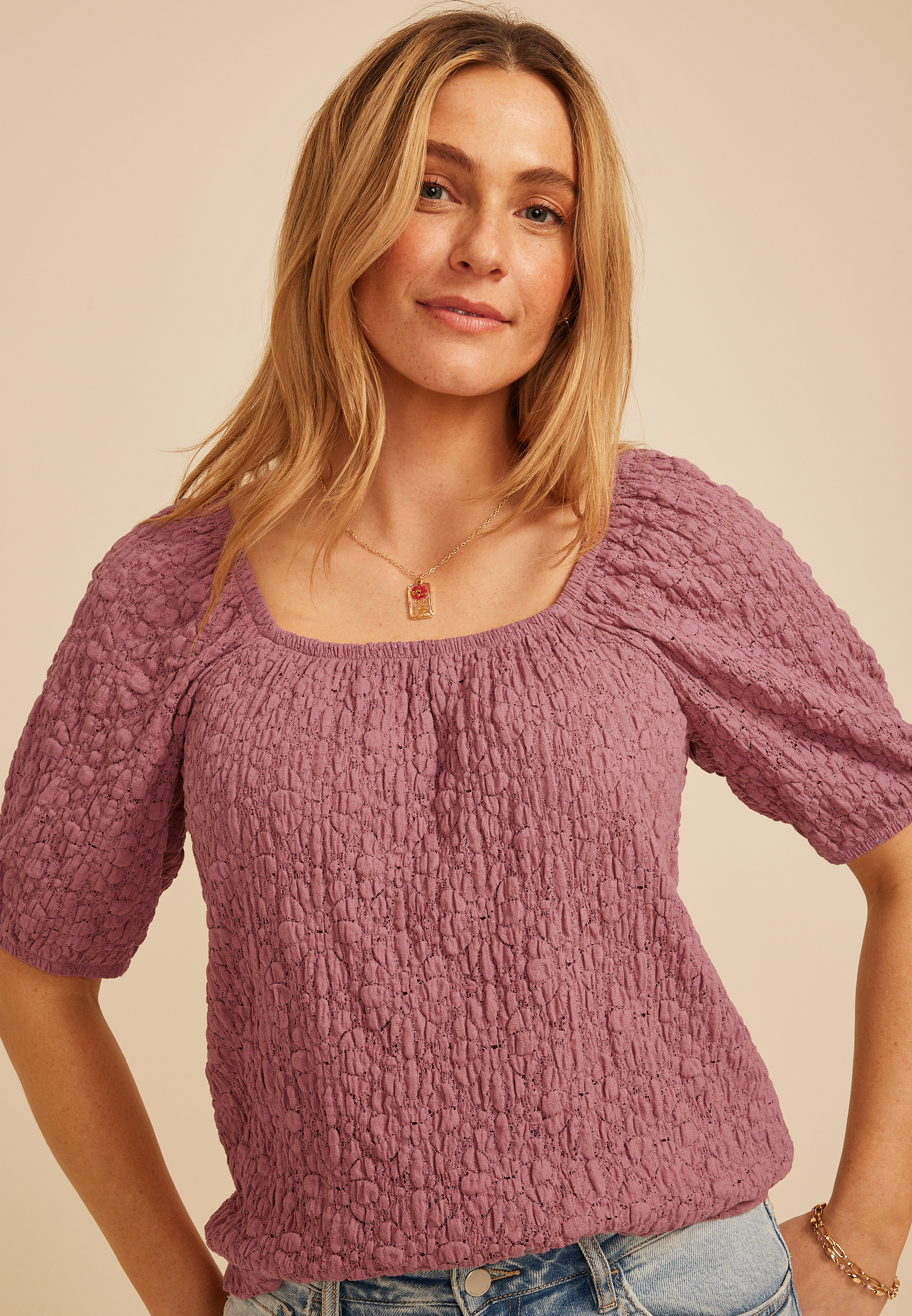 Jacquard Textured Puff Sleeve Top