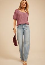 Jacquard Textured Puff Sleeve Top, PURPLE, small
