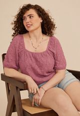 Plus Size Jacquard Textured Puff Sleeve Top, PURPLE, small