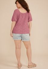 Plus Size Jacquard Textured Puff Sleeve Top, PURPLE, small