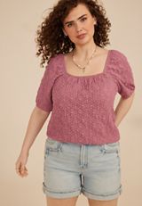 Plus Size Jacquard Textured Puff Sleeve Top, PURPLE, small