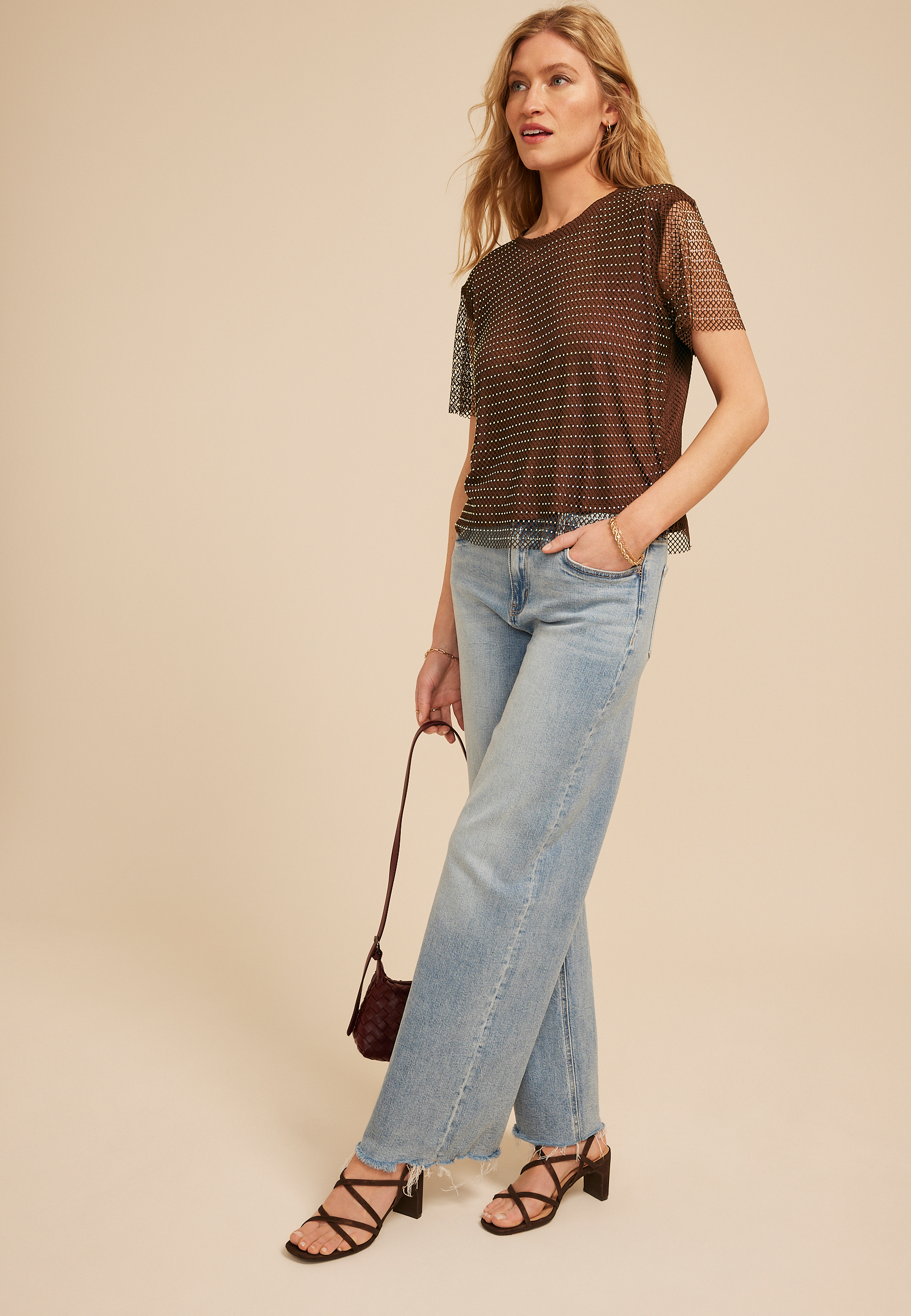 Studio Y Mesh Rhinestone Top, SHAVED CHOCOLATE, large