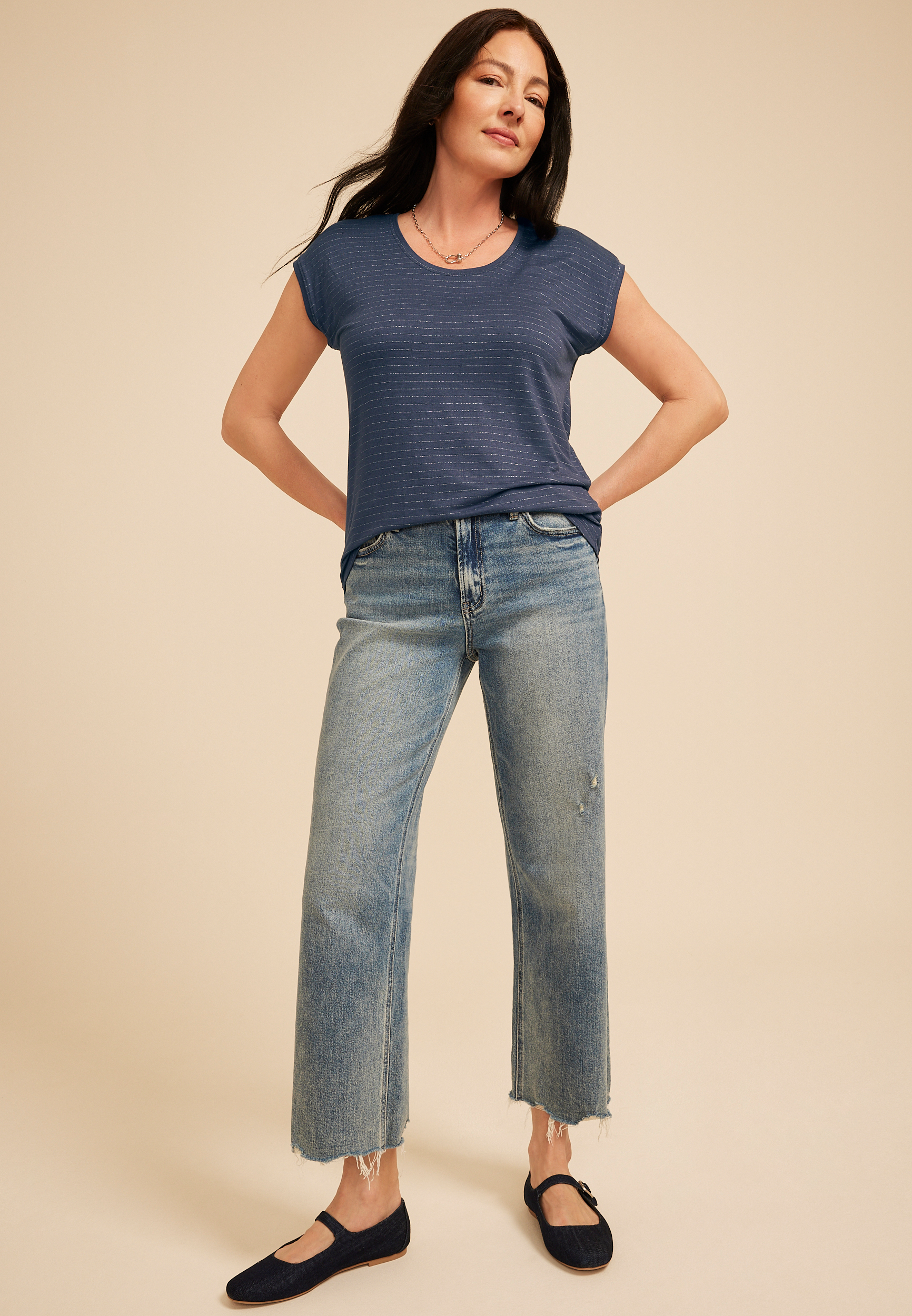 24/7 Metallic Stripe Scoop Neck Tee