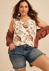 Plus Size Floral Print Ruffle Trim V Neck Tank Top, C1524, small