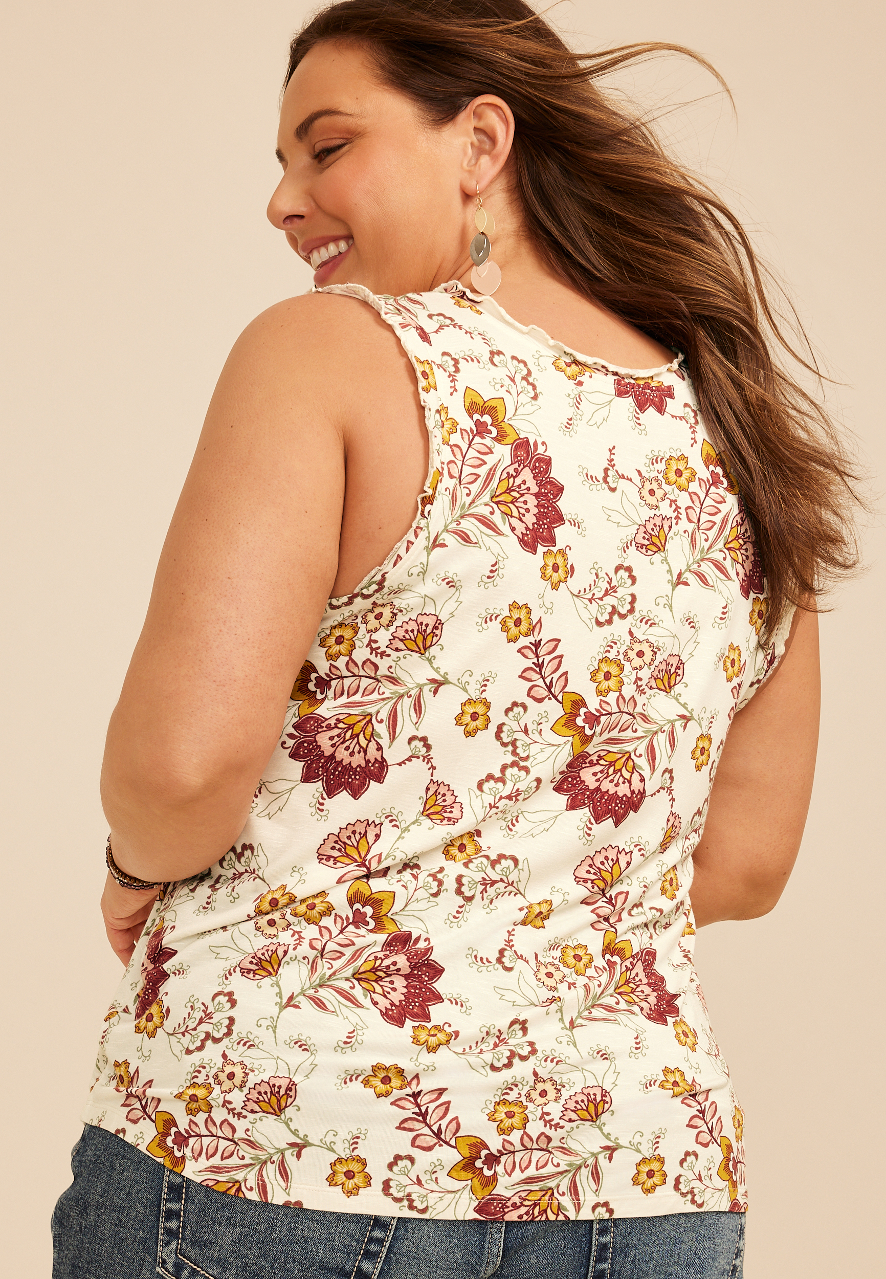Plus Size Floral Print Ruffle Trim V Neck Tank Top, C1524, large