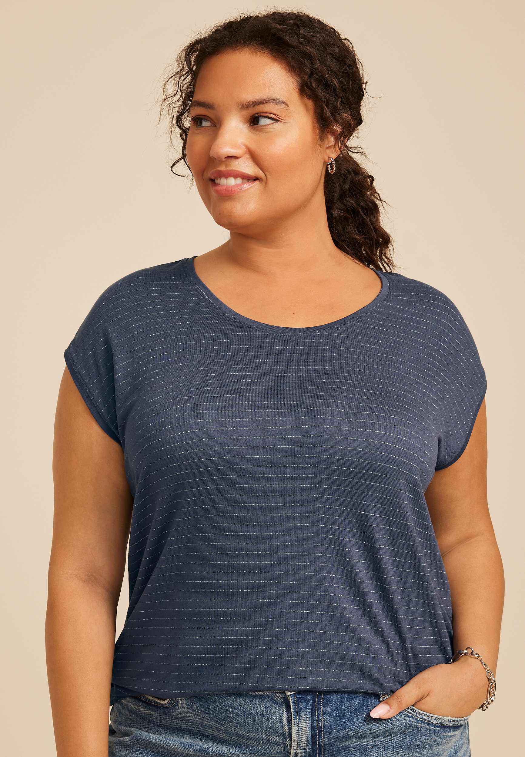 Plus Size 24/7 Metallic Stripe Scoop Neck Tee