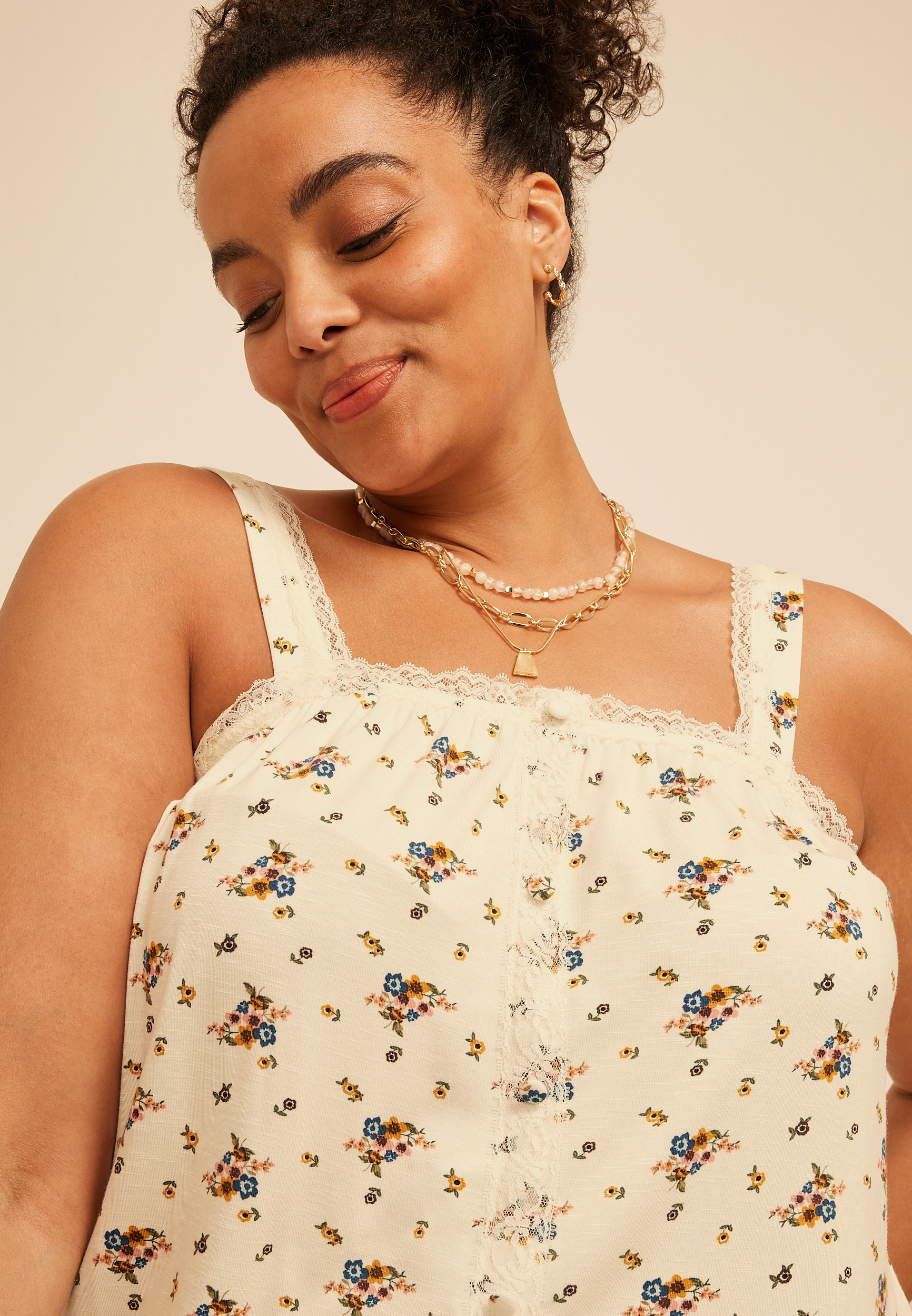 Plus Size Floral Lace Trim Button Front Tank Top | maurices