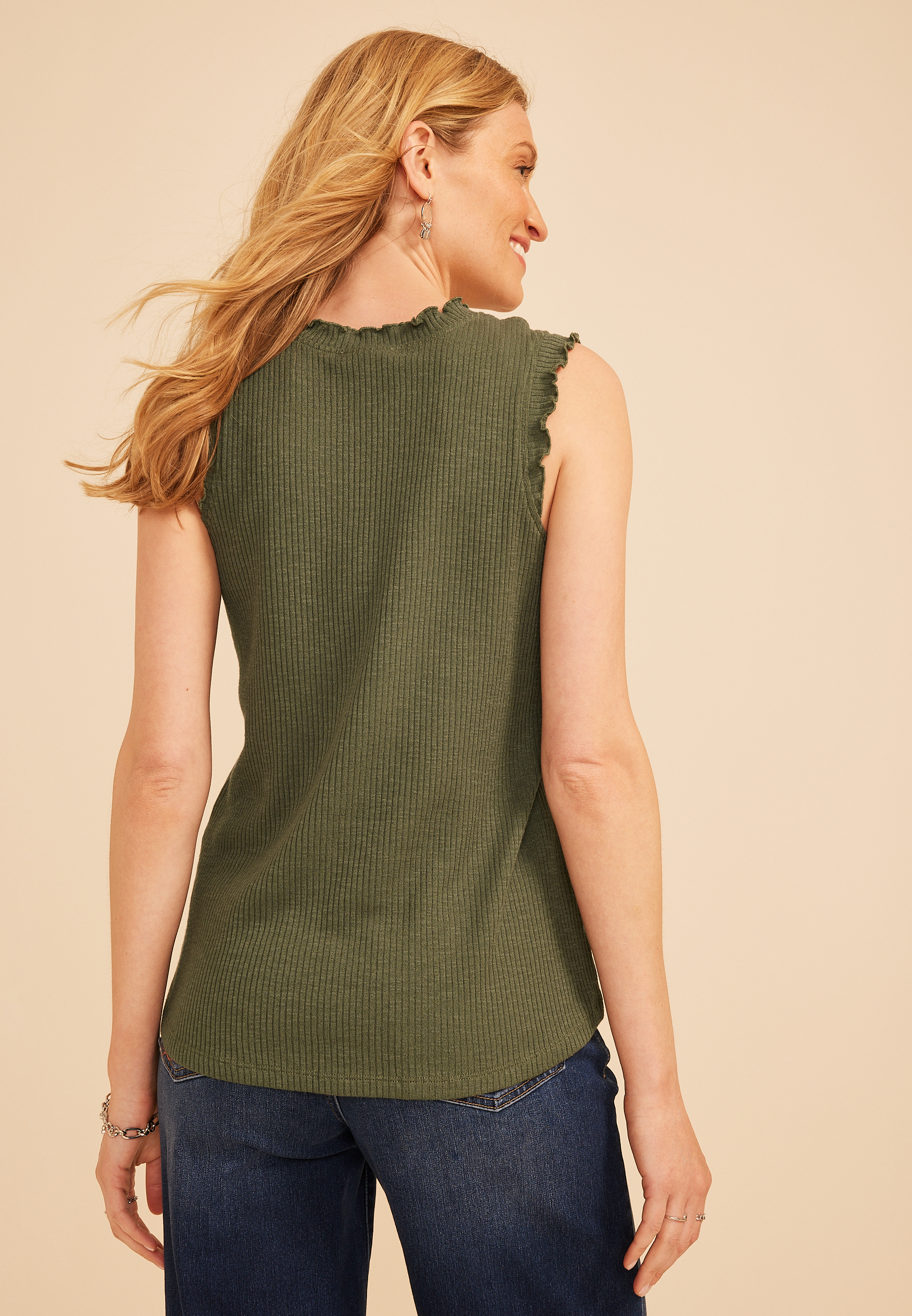 Ruffle Trim Ribbed V Neck Tank Top - thumbnail 8