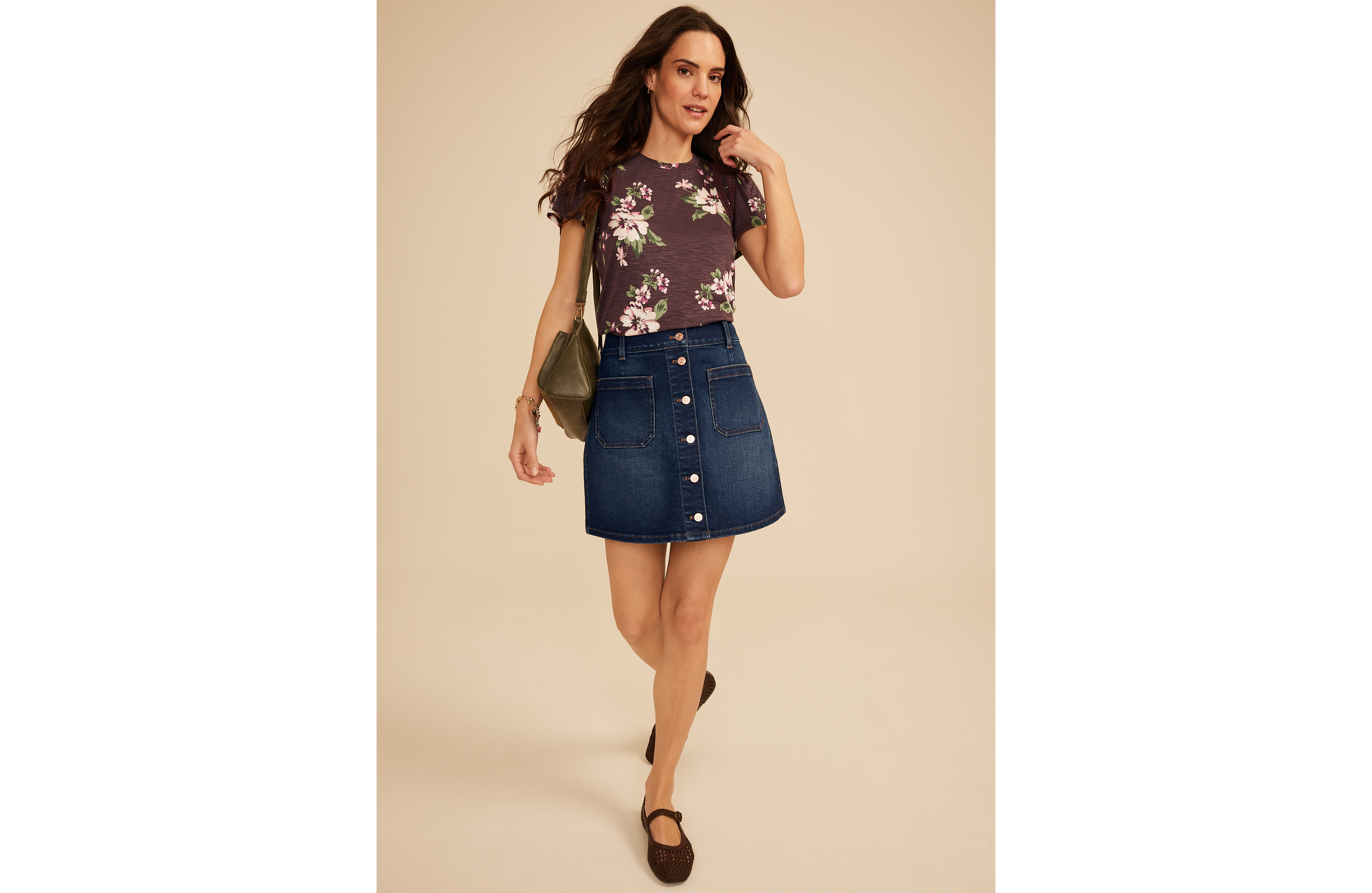Lattice Trim Floral Flutter Sleeve Tee