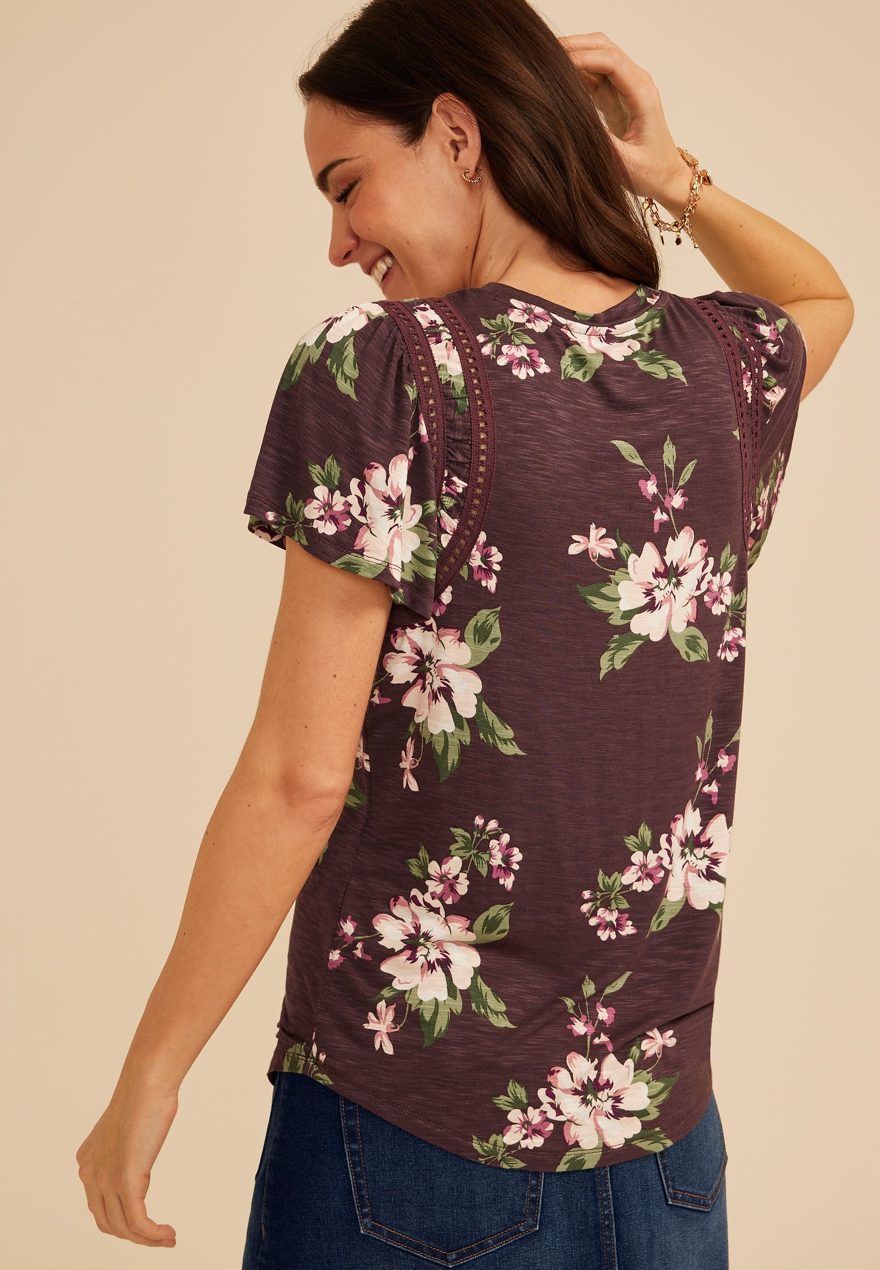 Lattice Trim Floral Flutter Sleeve Tee, C9903, large