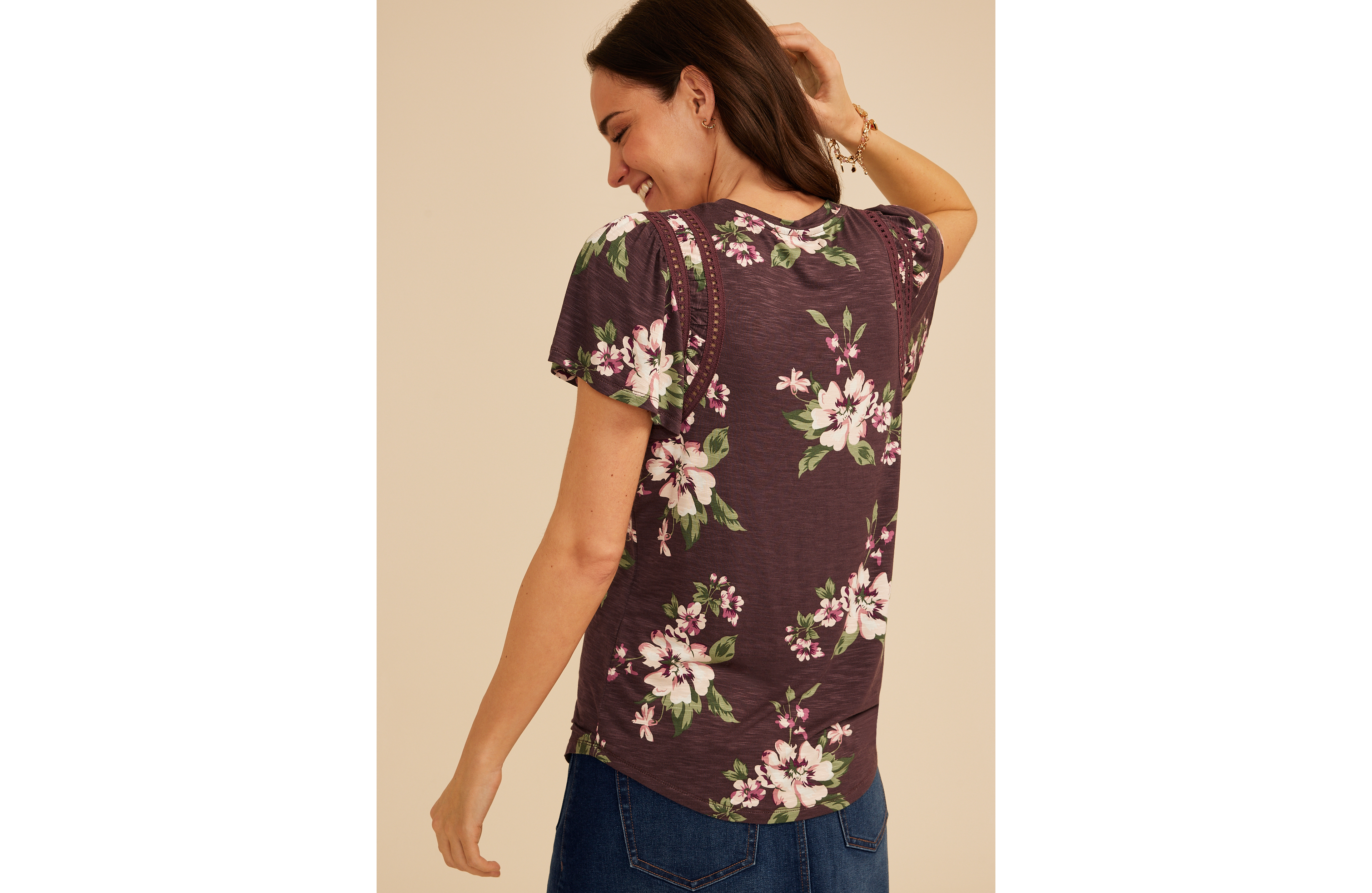 Lattice Trim Floral Flutter Sleeve Tee
