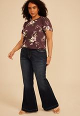 Plus Size Lattice Trim Floral Flutter Sleeve Tee, C9903, small