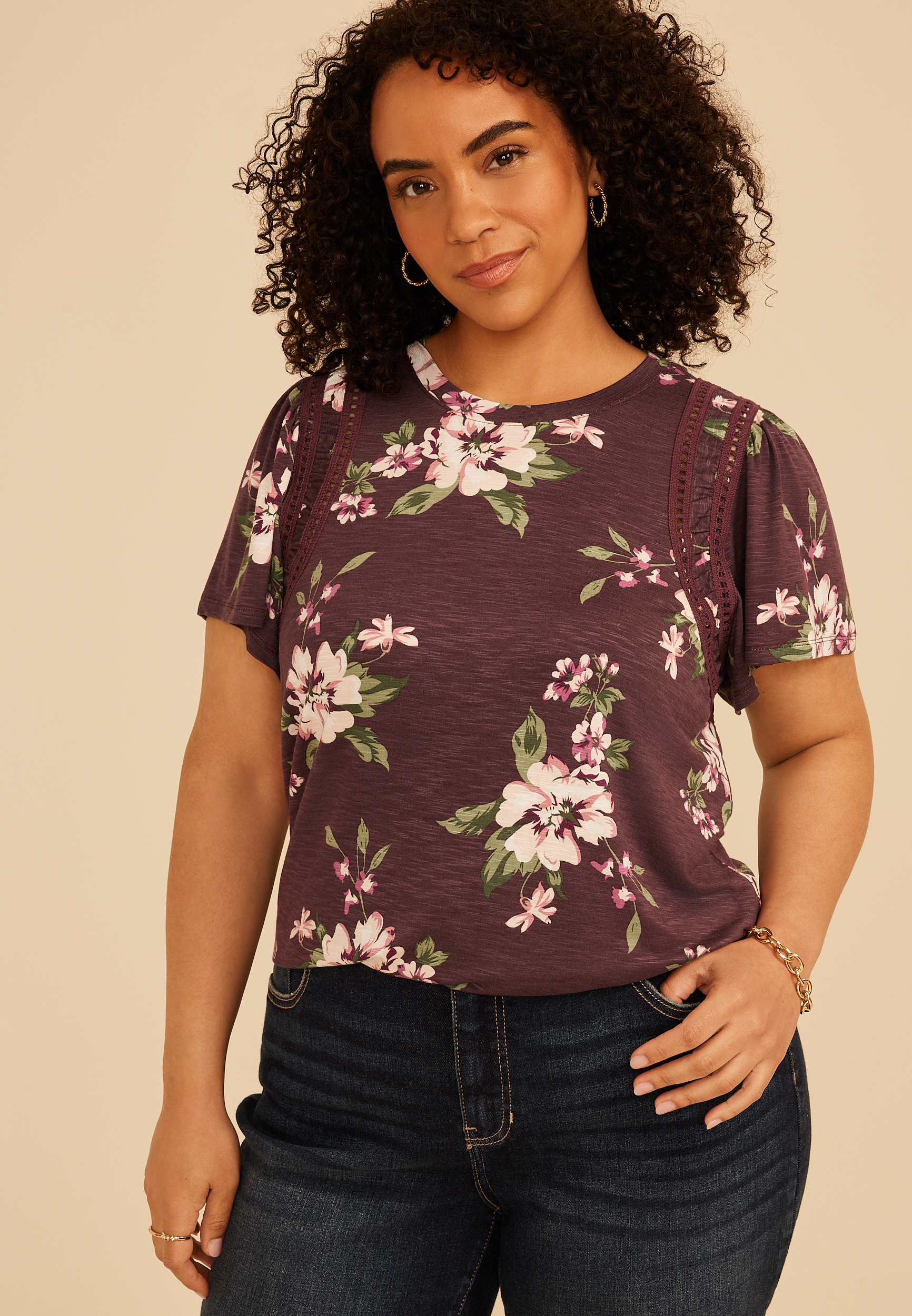 Plus Size Lattice Trim Floral Flutter Sleeve Tee, C9903, large