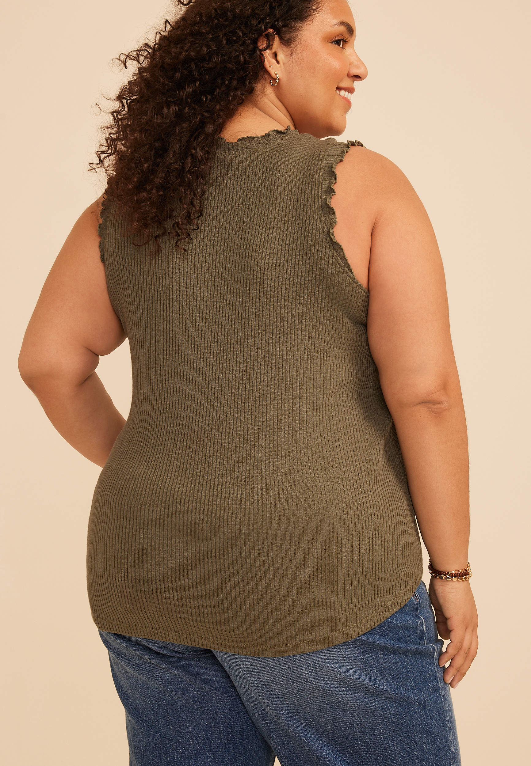 Plus Size Ruffle Trim Ribbed V Neck Tank Top - thumbnail 5
