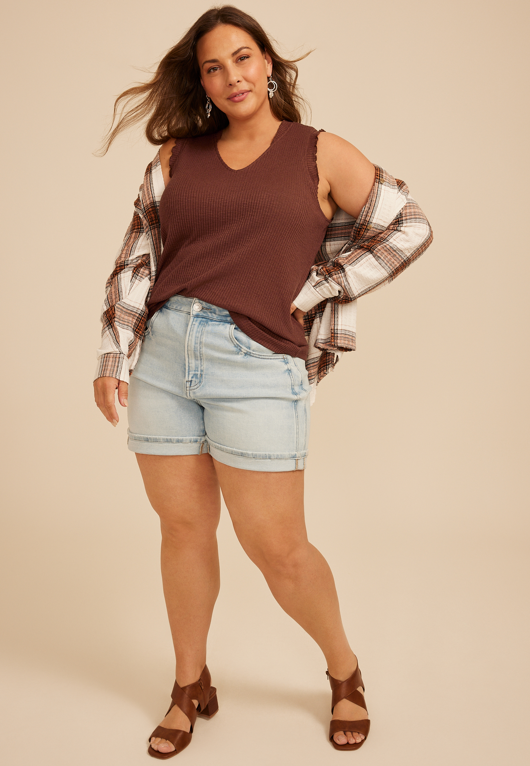 Plus Size Ruffle Trim Ribbed V Neck Tank Top