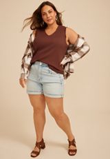 Plus Size Ruffle Trim Ribbed V Neck Tank Top, C6058, small