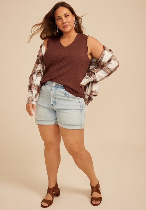 Plus Size Ruffle Trim Ribbed V Neck Tank Top | maurices