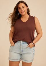 Plus Size Ruffle Trim Ribbed V Neck Tank Top, C6058, small