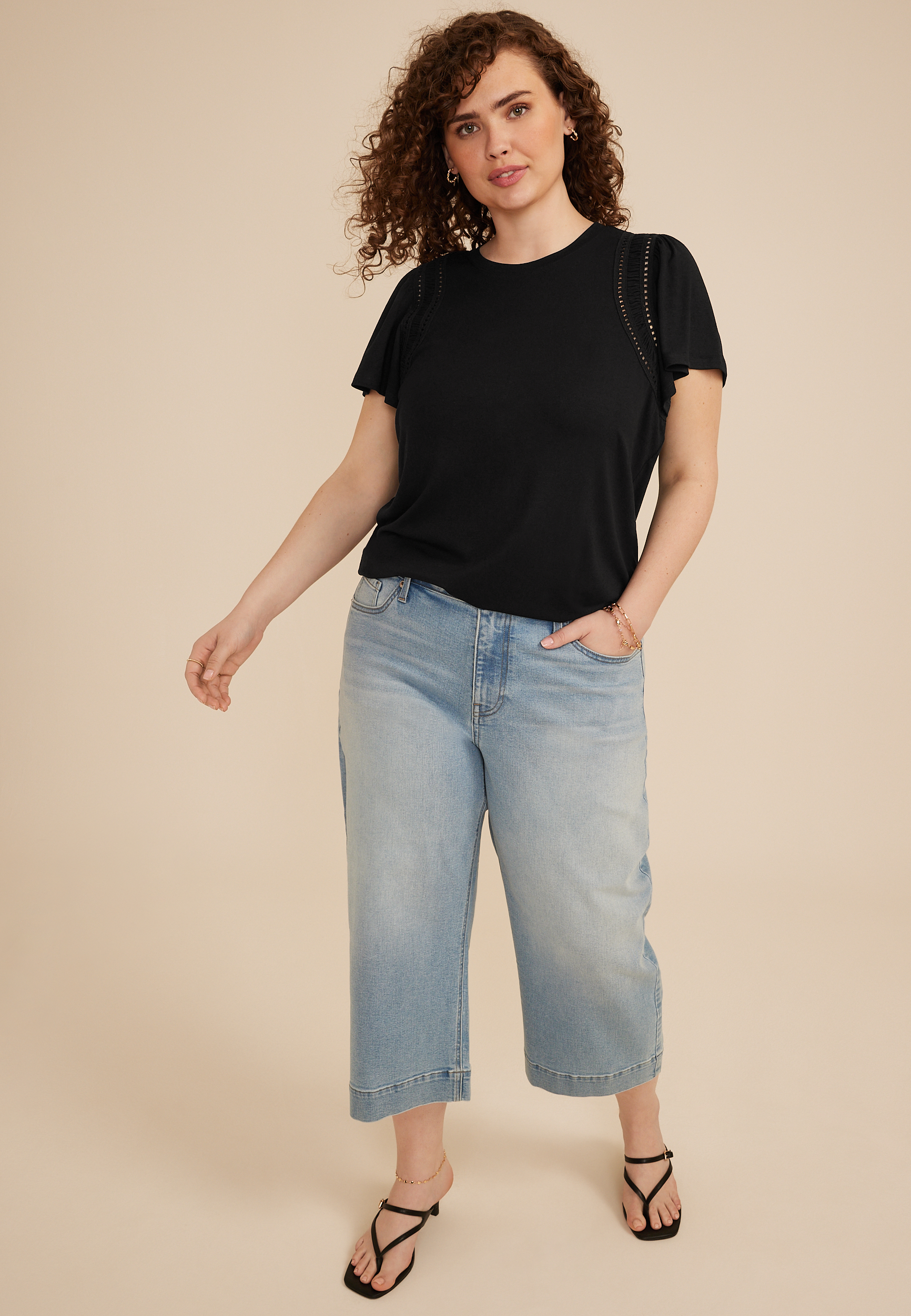 Plus Size Lattice Trim Flutter Sleeve Tee, C106, large