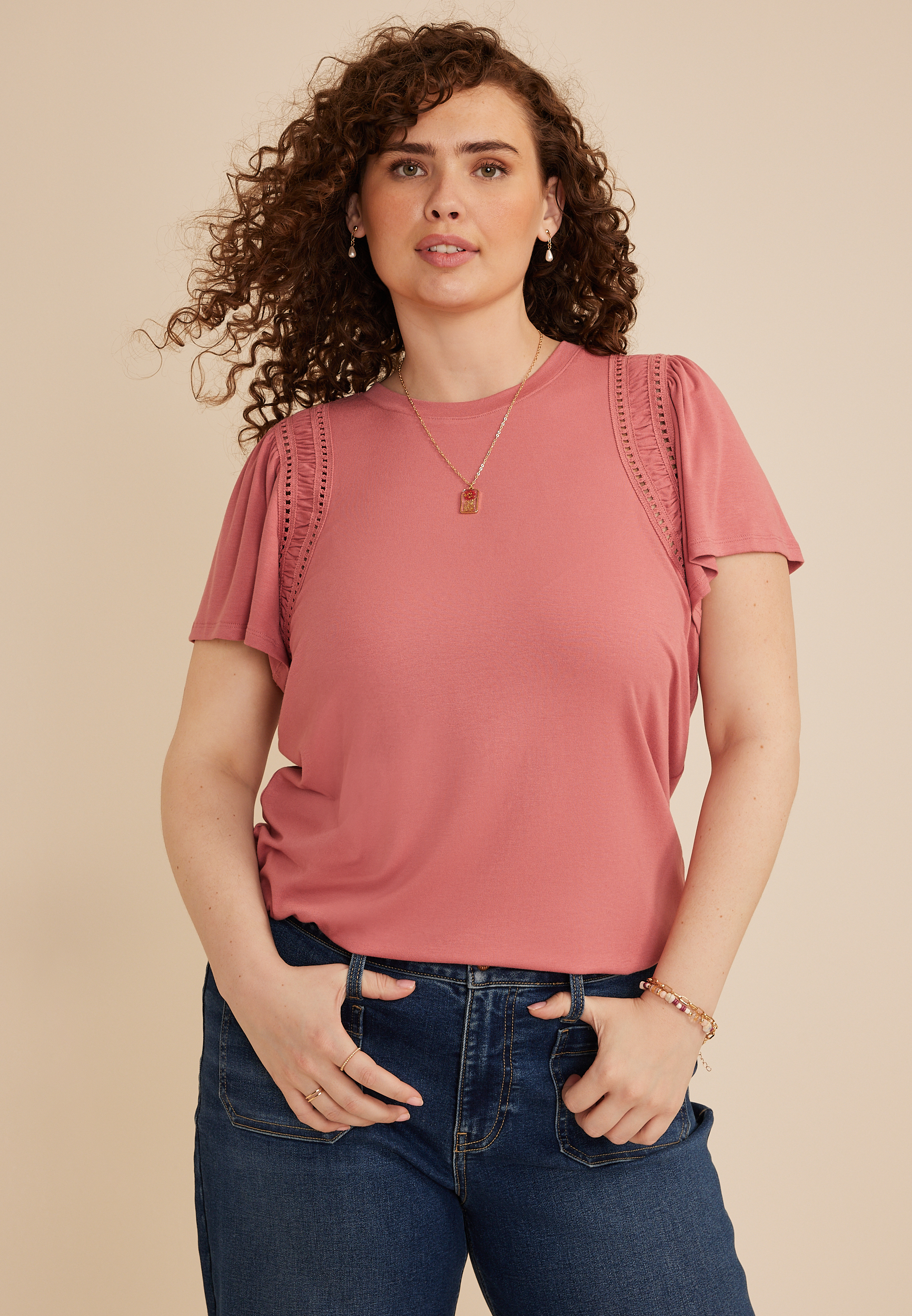 Plus Size Lattice Trim Flutter Sleeve Tee