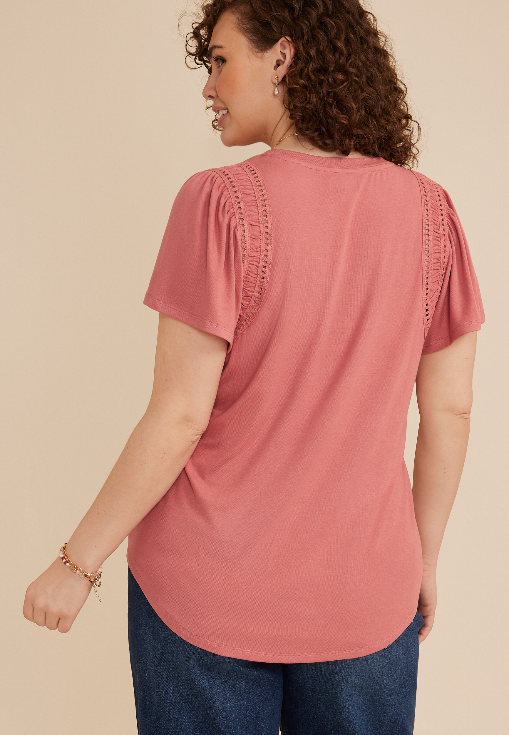 Plus Size Lattice Trim Flutter Sleeve Tee - thumbnail 8