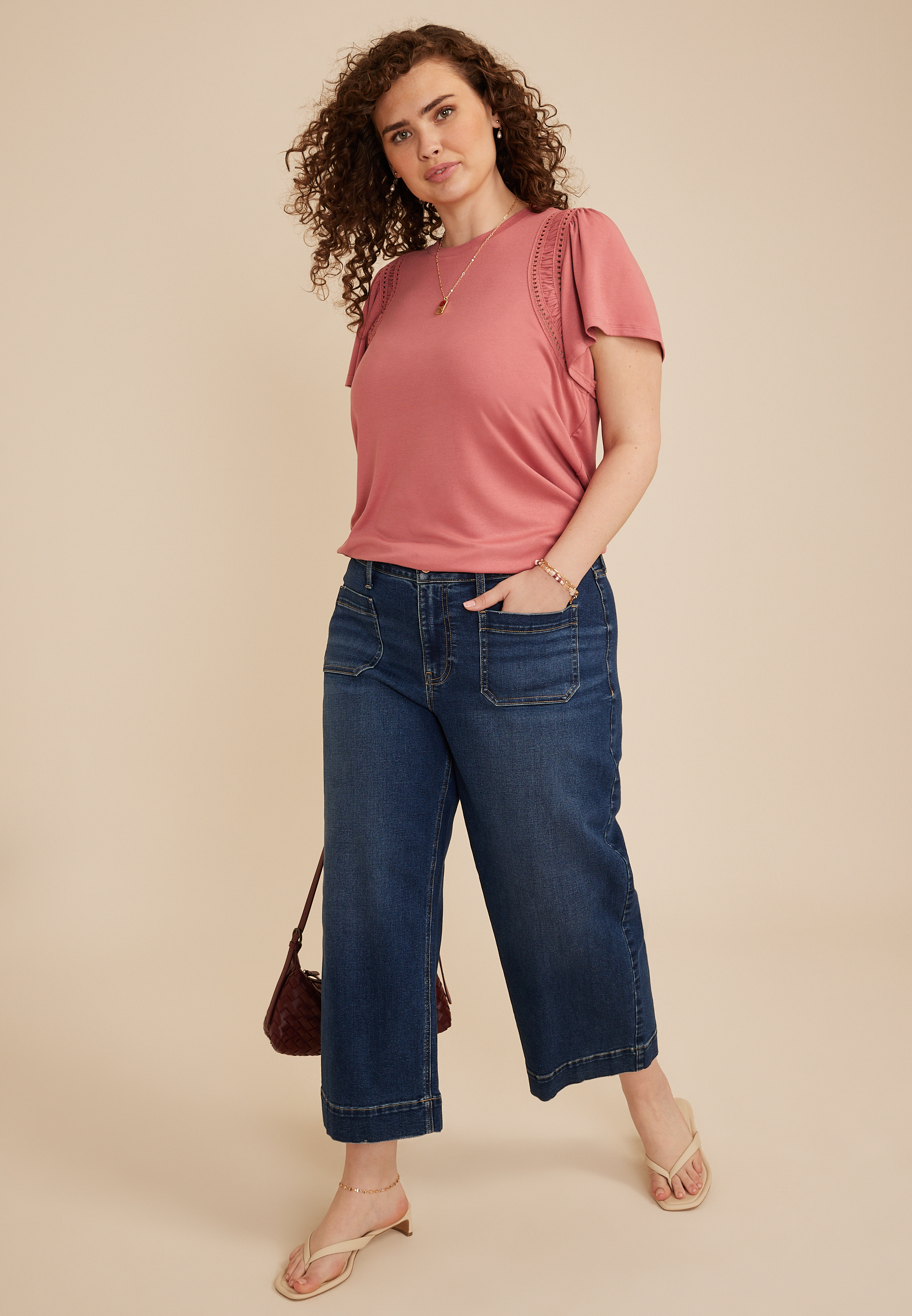 Plus Size Lattice Trim Flutter Sleeve Tee - thumbnail 9