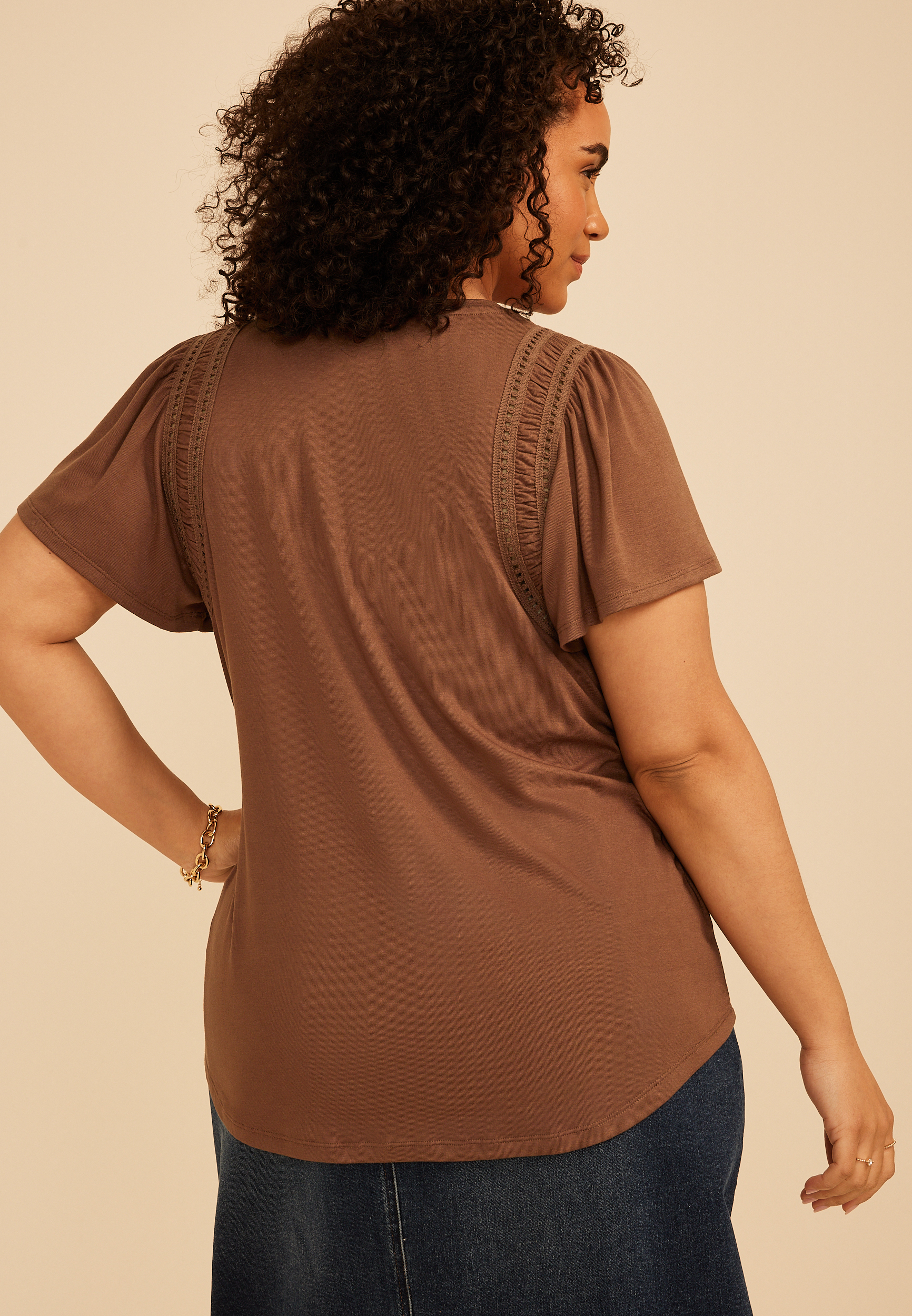 Plus Size Lattice Trim Flutter Sleeve Tee - thumbnail 2