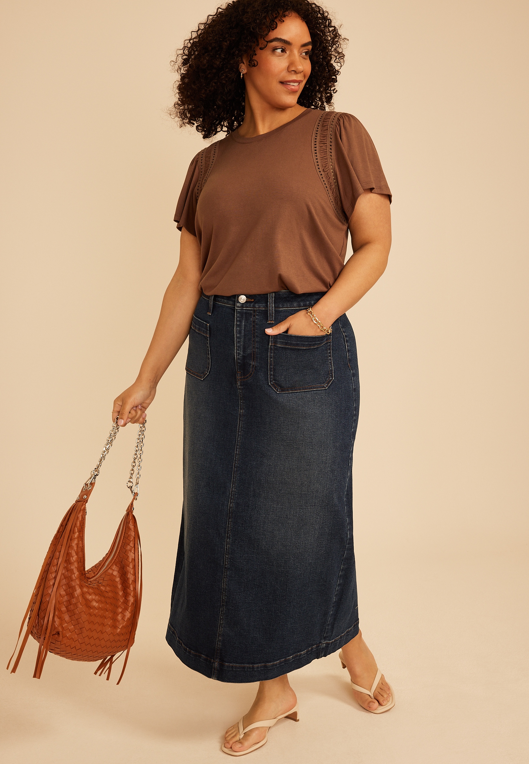 Plus Size Lattice Trim Flutter Sleeve Tee - thumbnail 3