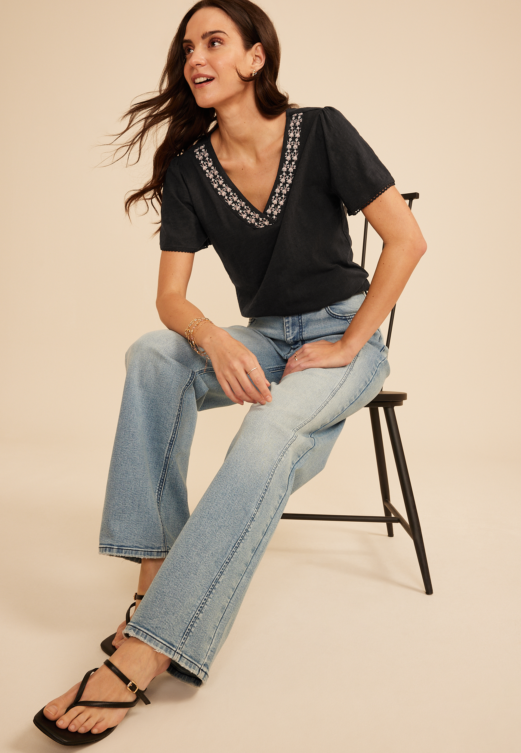 Floral Embroidered V Neck Blouse