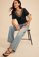Floral Embroidered V Neck Blouse, C106, small