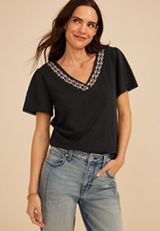 Floral Embroidered V Neck Blouse, C106, small