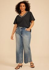 Plus Size Floral Embroidered V Neck Blouse, C106, small