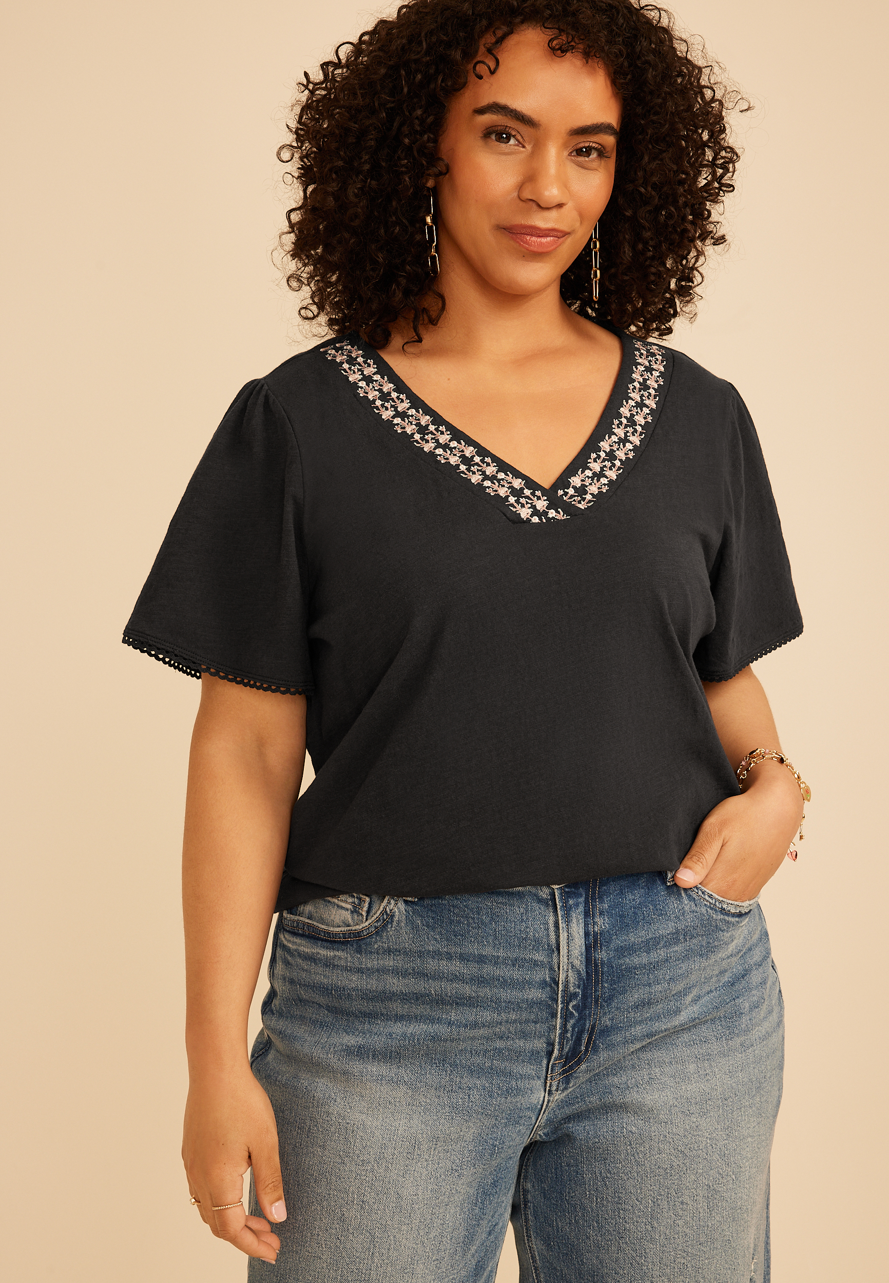 Plus Size Floral Embroidered V Neck Blouse, C106, large
