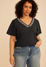 Plus Size Floral Embroidered V Neck Blouse, C106, small