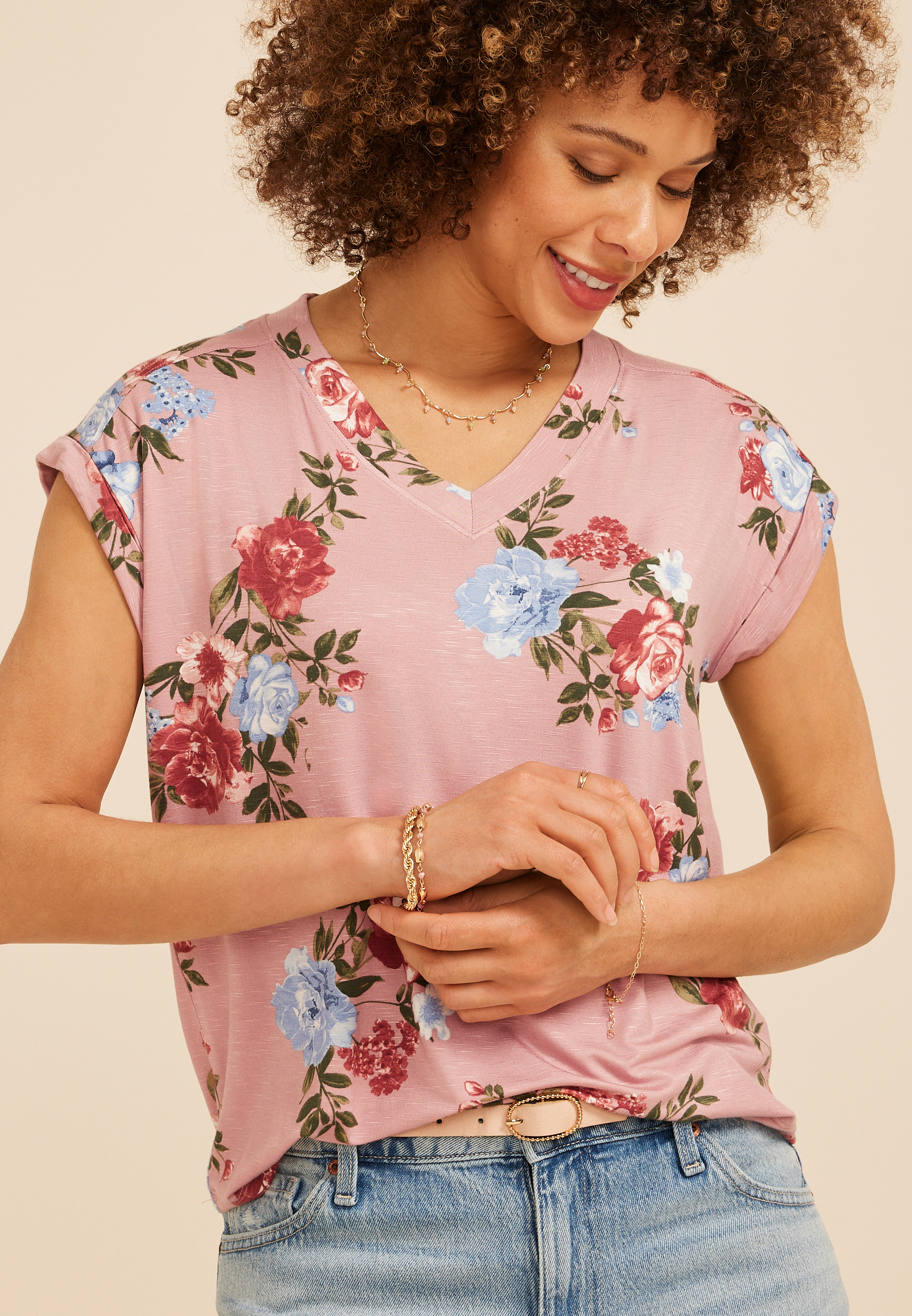 24/7 Berkley Floral V Neck Short Sleeve Tee