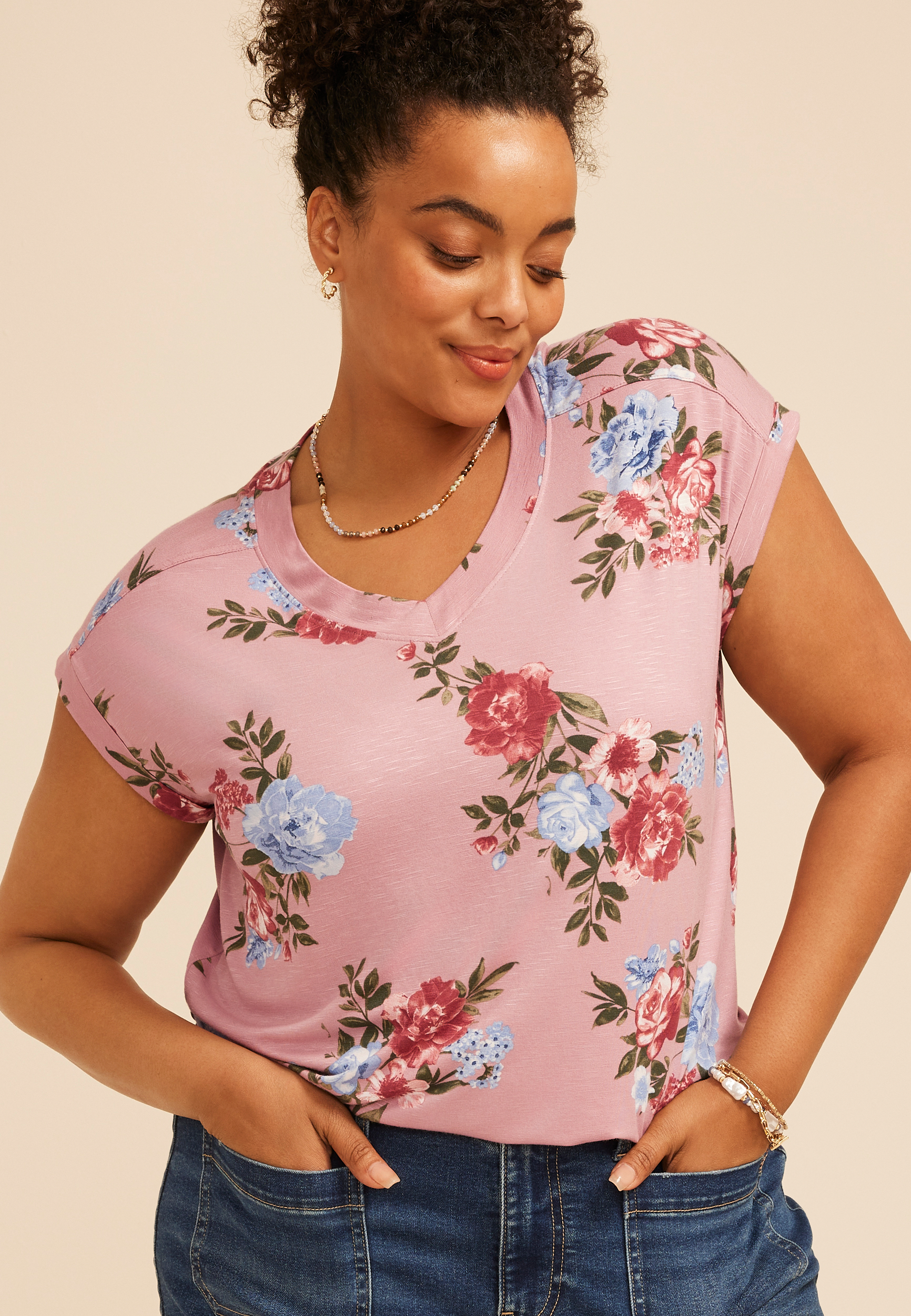 Plus Size 24/7 Berkley Floral V Neck Short Sleeve Tee